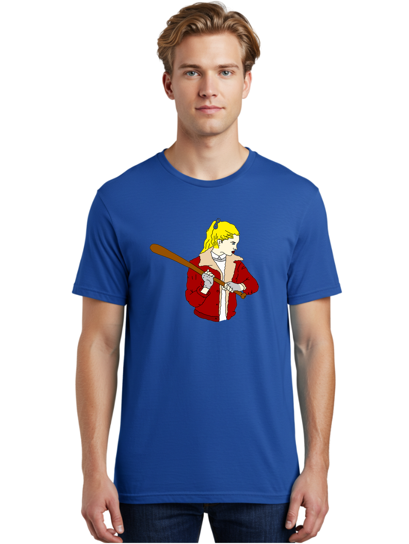 Girl-With-Baseball-Bat Men'S Graphic Tee, 100% Cotton, Comfortable Casual Summer Wear, Machine Washable, Girl With Blonde Hair, Red Jacket With Fur Collar, Holding Baseball Bat, Cartoon Style, Baseball Player, Young Athlete, Sporty Girl, -  Aaa044