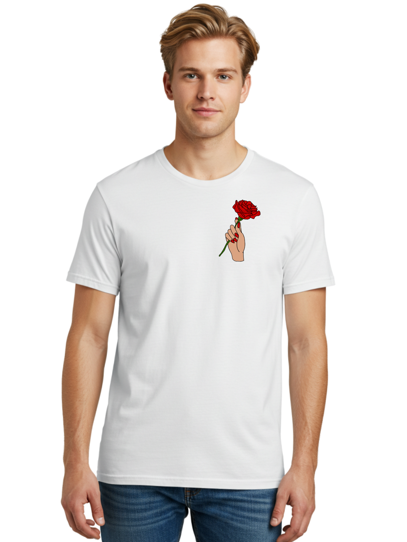 Hand-Holding-Red-Rose Men'S Graphic Tee, 100% Cotton, Comfortable Casual Summer Wear, Machine Washable, Hand Holding Red Rose, Red Rose Illustration, Romantic Gesture, Beautiful Flowers, Lovely Illustration, Cartoon Hand, Red Flowers -  Aaa050