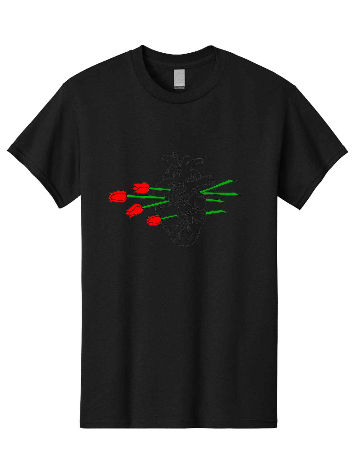 Heart-With-Tulips Men'S Graphic Tee, 100% Cotton, Comfortable Casual Summer Wear, Machine Washable, Human Heart, Anatomical Illustration, Tulips, Red Flowers, Daggers, Piercing, Love, Pain, Beauty, Contrast, Symbolic Art, -  Aaa052