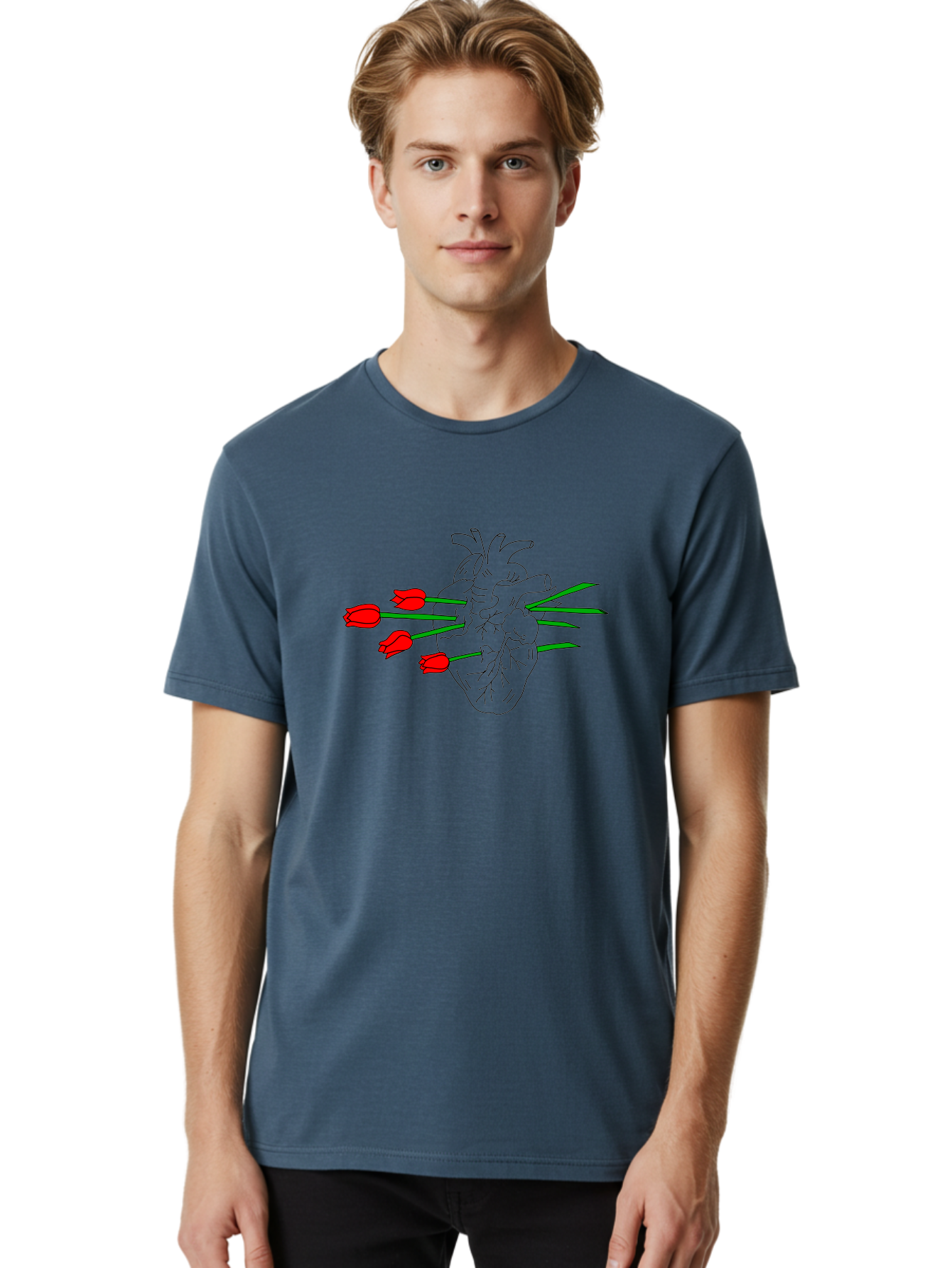 Heart-With-Tulips Men'S Graphic Tee, 100% Cotton, Comfortable Casual Summer Wear, Machine Washable, Human Heart, Anatomical Illustration, Tulips, Red Flowers, Daggers, Piercing, Love, Pain, Beauty, Contrast, Symbolic Art, -  Aaa052