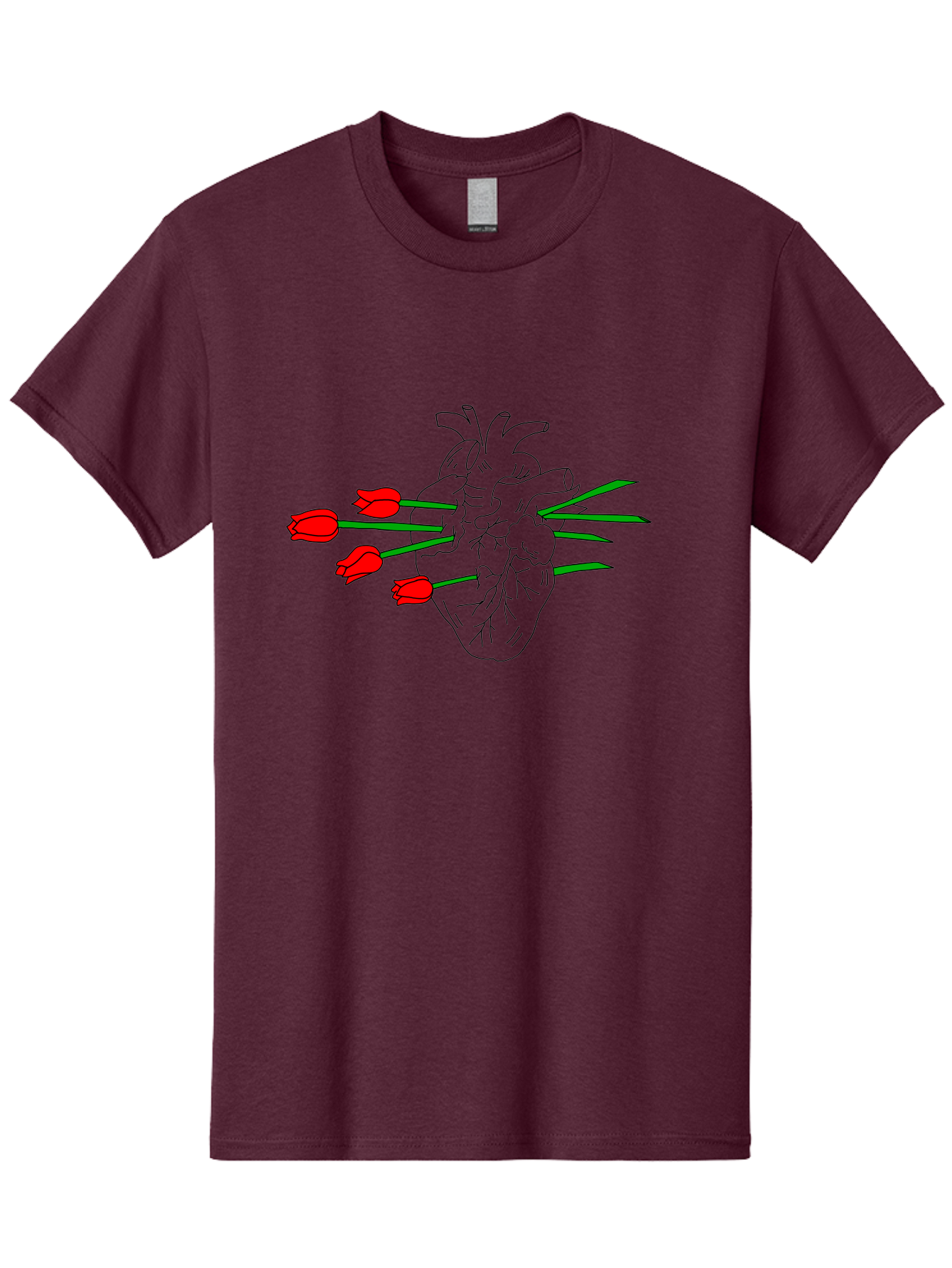 Heart-With-Tulips Men'S Graphic Tee, 100% Cotton, Comfortable Casual Summer Wear, Machine Washable, Human Heart, Anatomical Illustration, Tulips, Red Flowers, Daggers, Piercing, Love, Pain, Beauty, Contrast, Symbolic Art, -  Aaa052