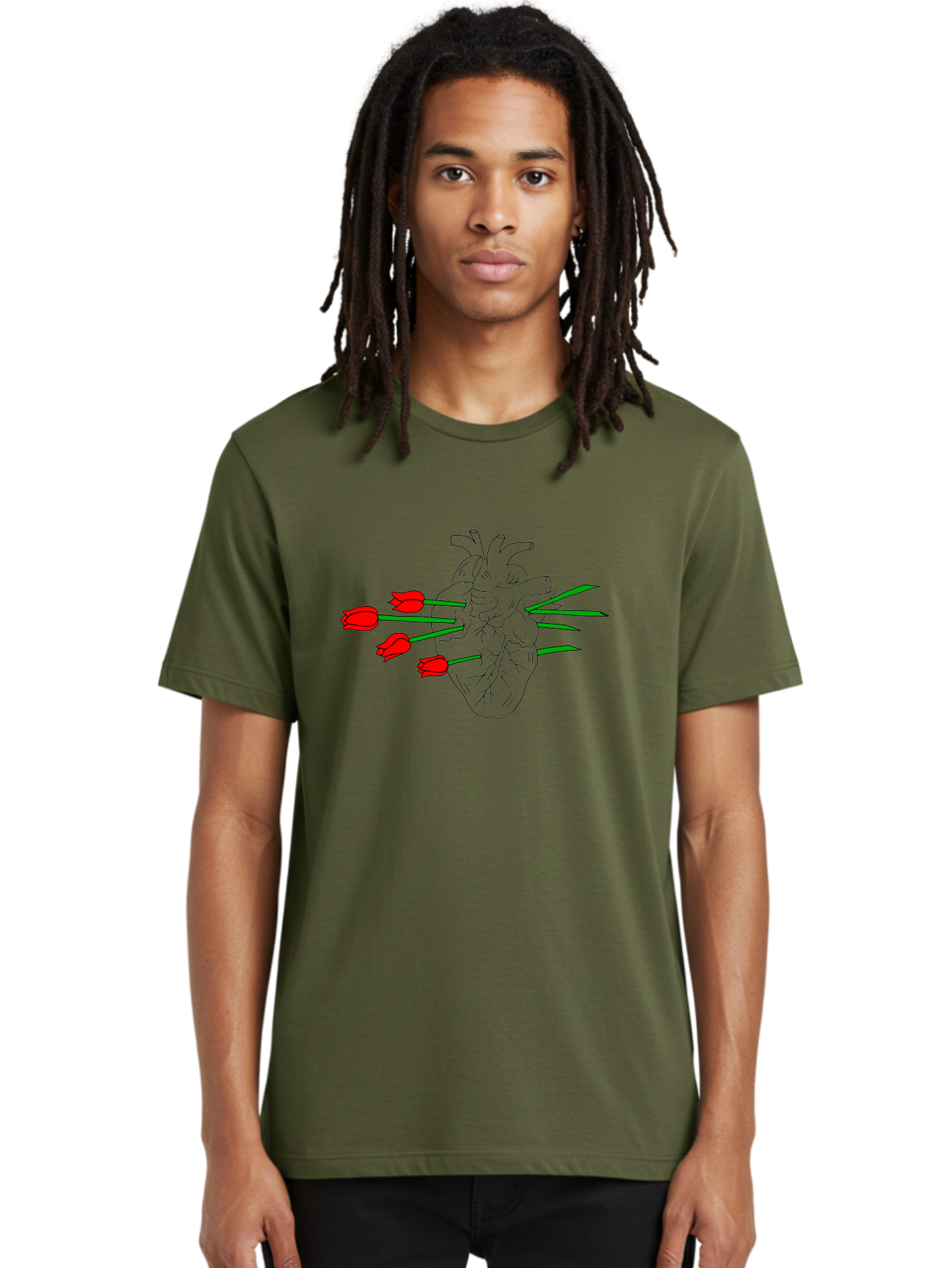 Heart-With-Tulips Men'S Graphic Tee, 100% Cotton, Comfortable Casual Summer Wear, Machine Washable, Human Heart, Anatomical Illustration, Tulips, Red Flowers, Daggers, Piercing, Love, Pain, Beauty, Contrast, Symbolic Art, -  Aaa052