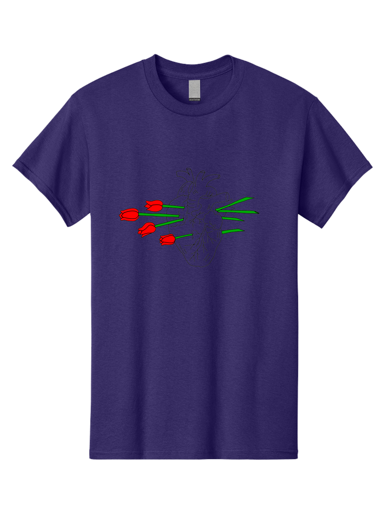 Heart-With-Tulips Men'S Graphic Tee, 100% Cotton, Comfortable Casual Summer Wear, Machine Washable, Human Heart, Anatomical Illustration, Tulips, Red Flowers, Daggers, Piercing, Love, Pain, Beauty, Contrast, Symbolic Art, -  Aaa052