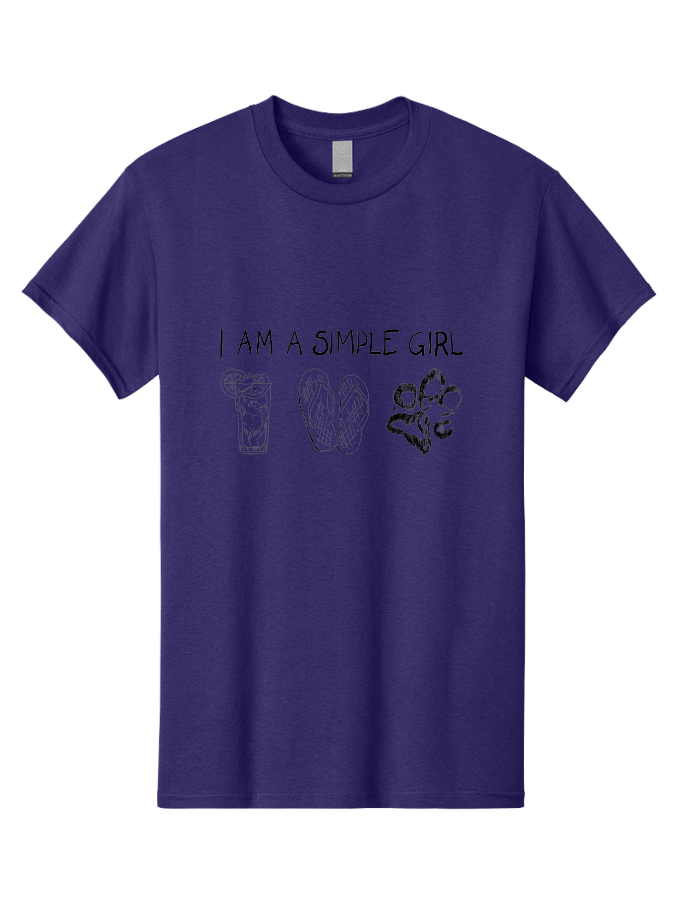 I-Am-A-Simple-Girl Men'S Graphic Tee, 100% Cotton, Comfortable Casual Summer Wear, Machine Washable, Simple Girl Quote, Cute Illustrations, Cocktail Drink, Flip Flops, Dog Paw, Casual Lifestyle, Relaxed Vibe, Fun Design -  Aaa058
