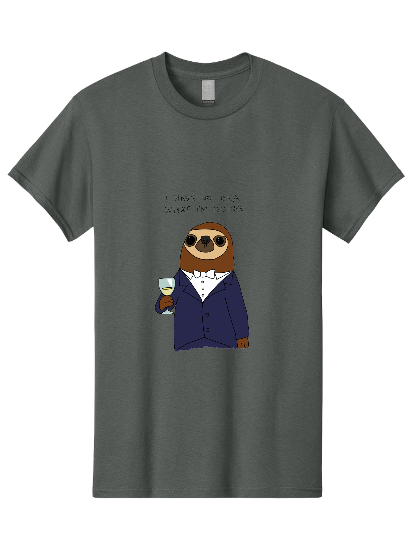 sloth in tuxedo, holding wine glass, humor, funny animal, cartoon character, adult beverage, humorous quote, relatable meme, wine drinker, comical illustration, sophisticated sloth