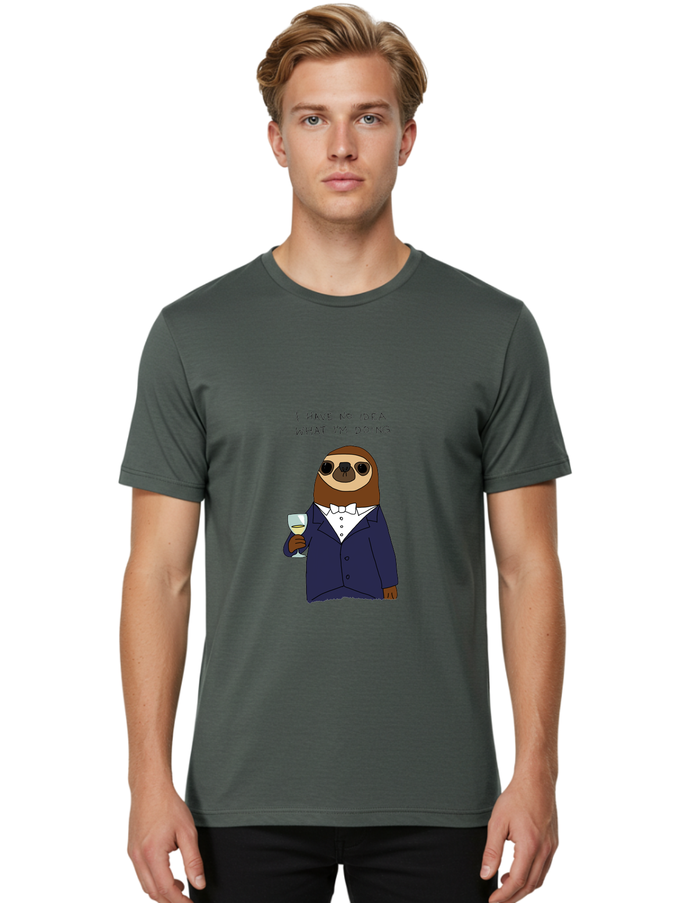 sloth in tuxedo, holding wine glass, humor, funny animal, cartoon character, adult beverage, humorous quote, relatable meme, wine drinker, comical illustration, sophisticated sloth
