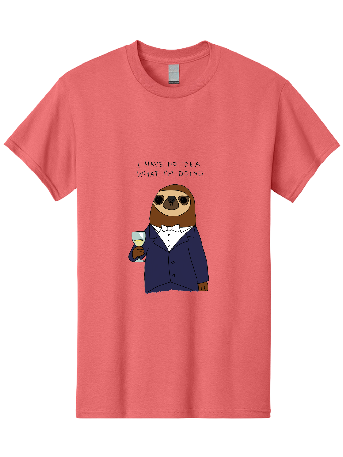sloth in tuxedo, holding wine glass, humor, funny animal, cartoon character, adult beverage, humorous quote, relatable meme, wine drinker, comical illustration, sophisticated sloth