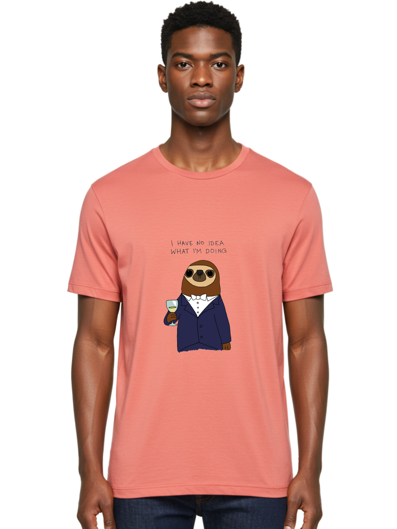 sloth in tuxedo, holding wine glass, humor, funny animal, cartoon character, adult beverage, humorous quote, relatable meme, wine drinker, comical illustration, sophisticated sloth