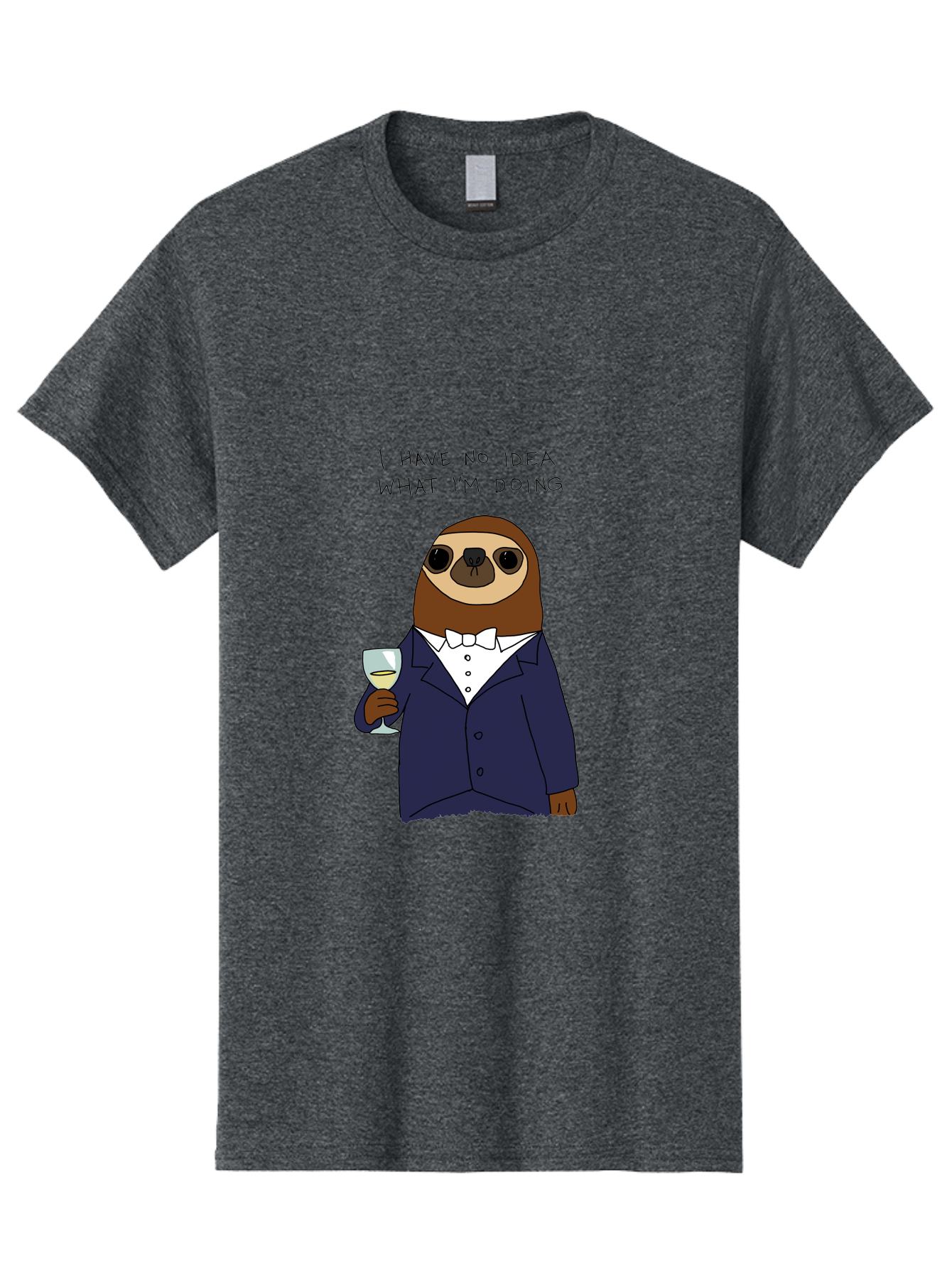 sloth in tuxedo, holding wine glass, humor, funny animal, cartoon character, adult beverage, humorous quote, relatable meme, wine drinker, comical illustration, sophisticated sloth