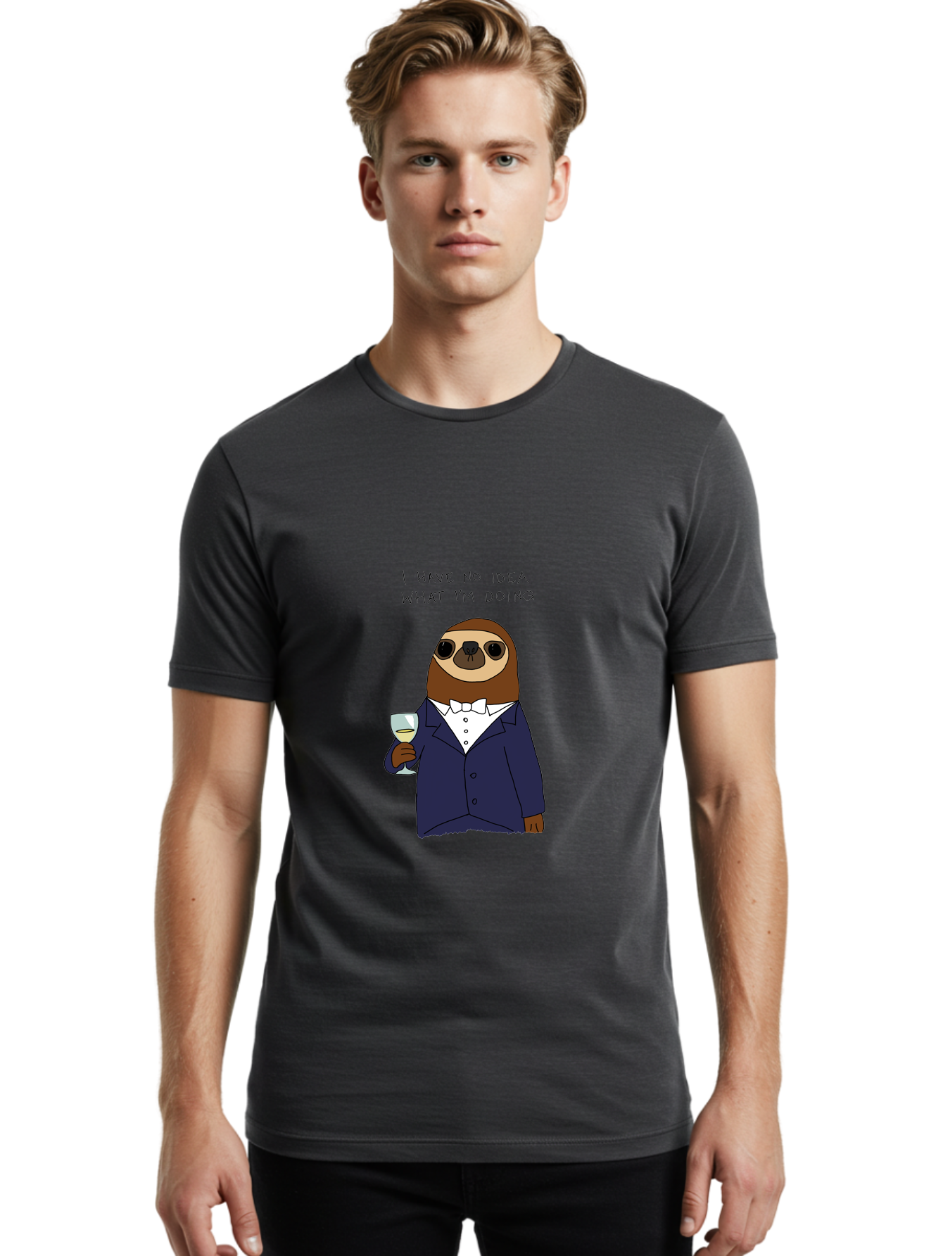 sloth in tuxedo, holding wine glass, humor, funny animal, cartoon character, adult beverage, humorous quote, relatable meme, wine drinker, comical illustration, sophisticated sloth