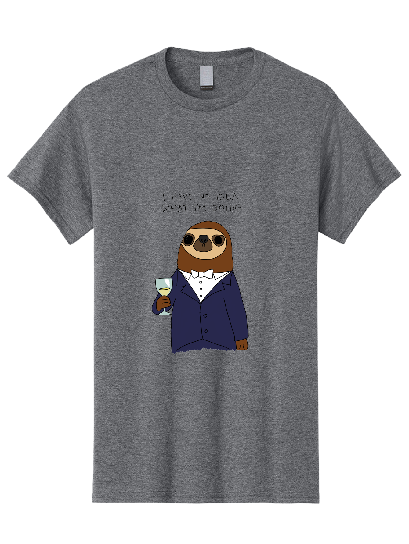sloth in tuxedo, holding wine glass, humor, funny animal, cartoon character, adult beverage, humorous quote, relatable meme, wine drinker, comical illustration, sophisticated sloth
