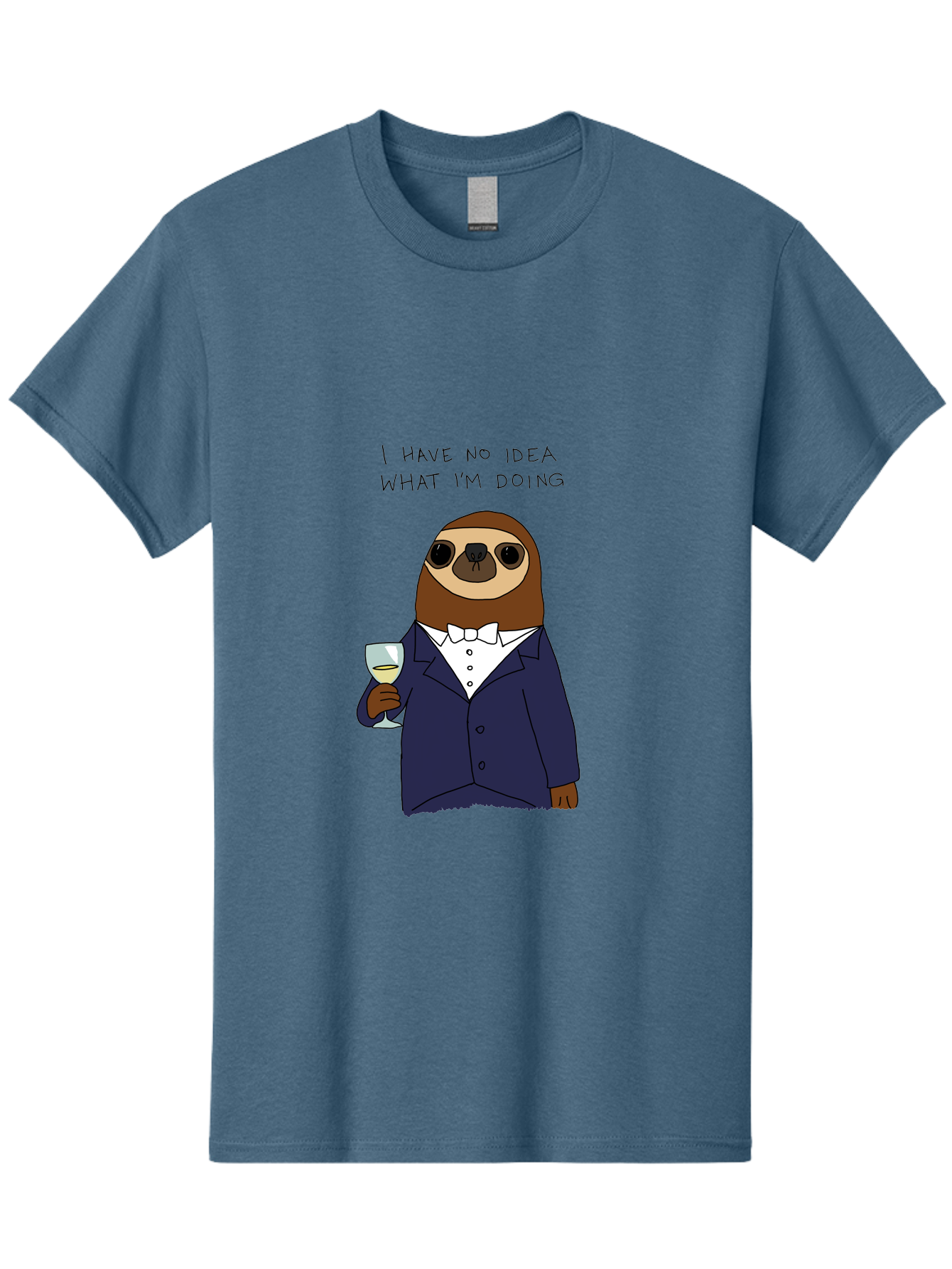 sloth in tuxedo, holding wine glass, humor, funny animal, cartoon character, adult beverage, humorous quote, relatable meme, wine drinker, comical illustration, sophisticated sloth
