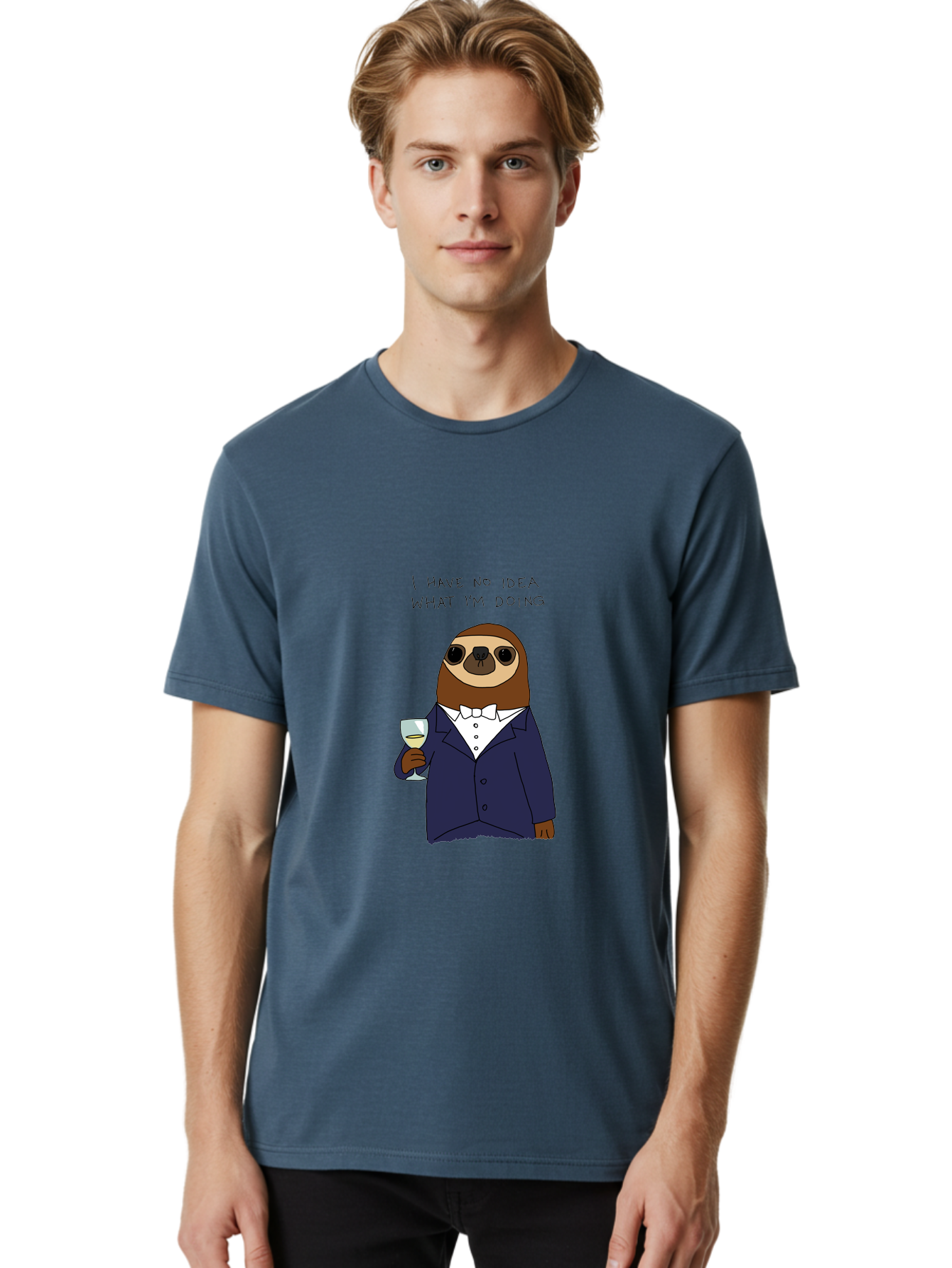 sloth in tuxedo, holding wine glass, humor, funny animal, cartoon character, adult beverage, humorous quote, relatable meme, wine drinker, comical illustration, sophisticated sloth