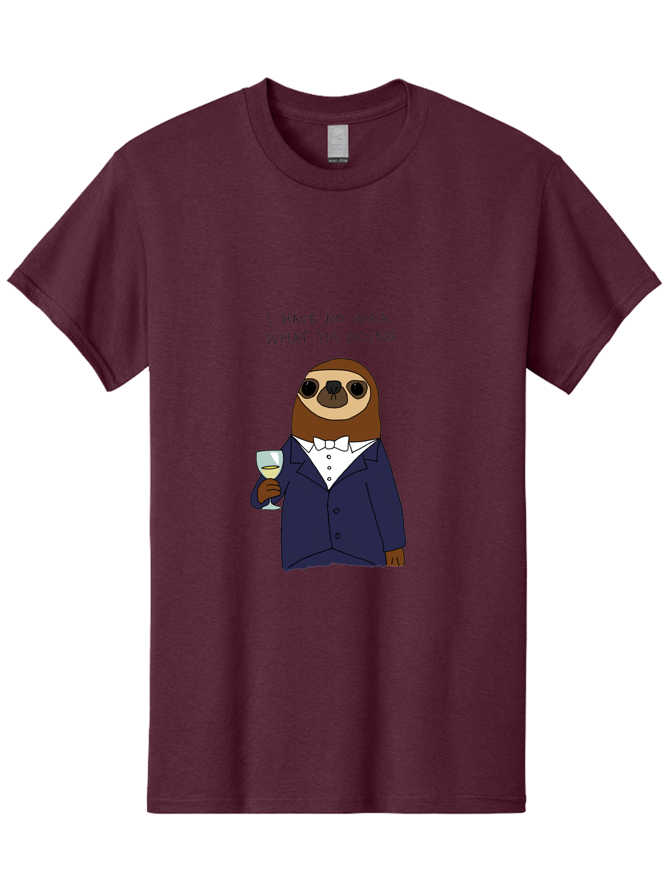 sloth in tuxedo, holding wine glass, humor, funny animal, cartoon character, adult beverage, humorous quote, relatable meme, wine drinker, comical illustration, sophisticated sloth