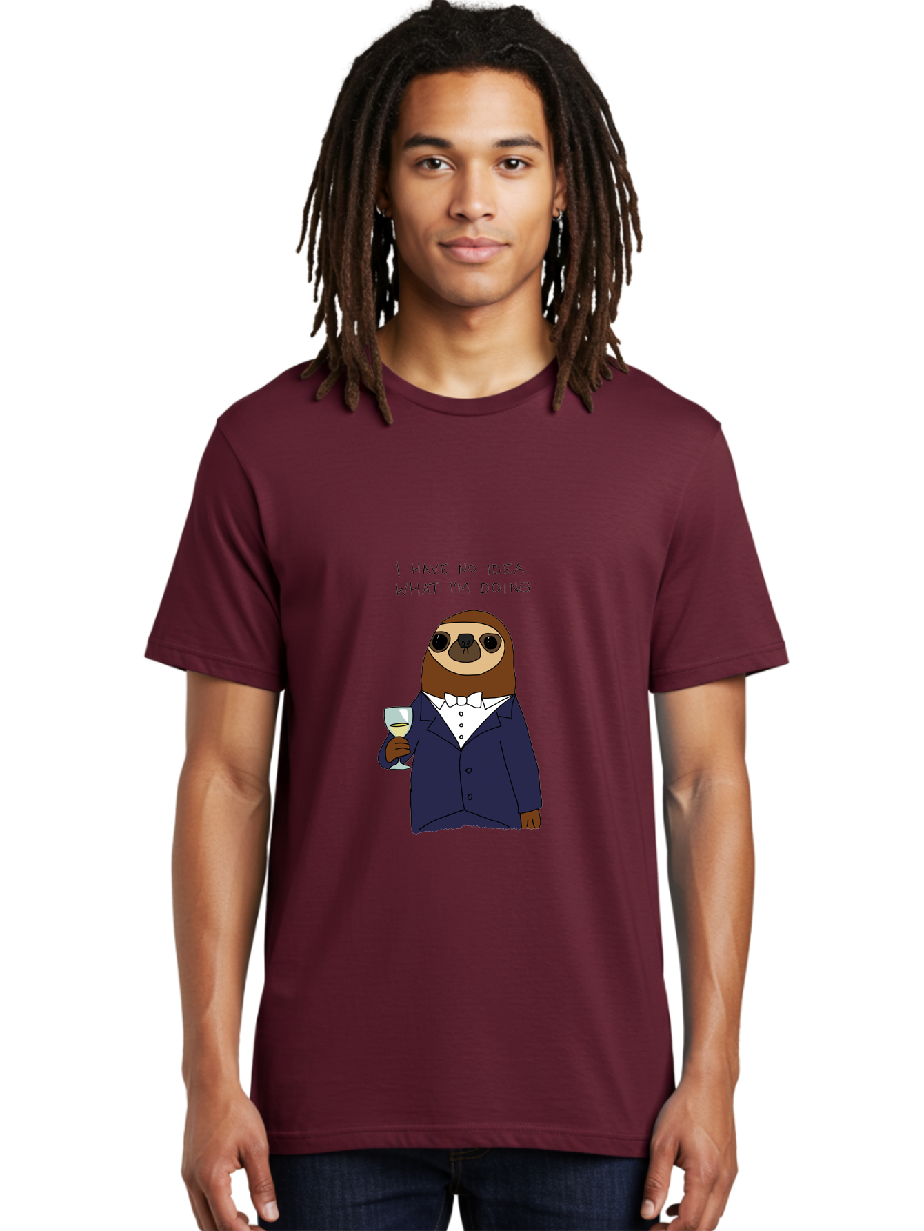 sloth in tuxedo, holding wine glass, humor, funny animal, cartoon character, adult beverage, humorous quote, relatable meme, wine drinker, comical illustration, sophisticated sloth