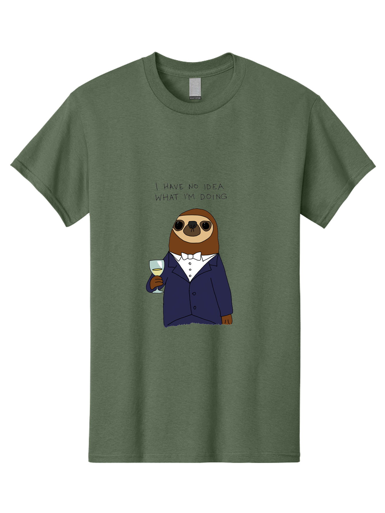 sloth in tuxedo, holding wine glass, humor, funny animal, cartoon character, adult beverage, humorous quote, relatable meme, wine drinker, comical illustration, sophisticated sloth