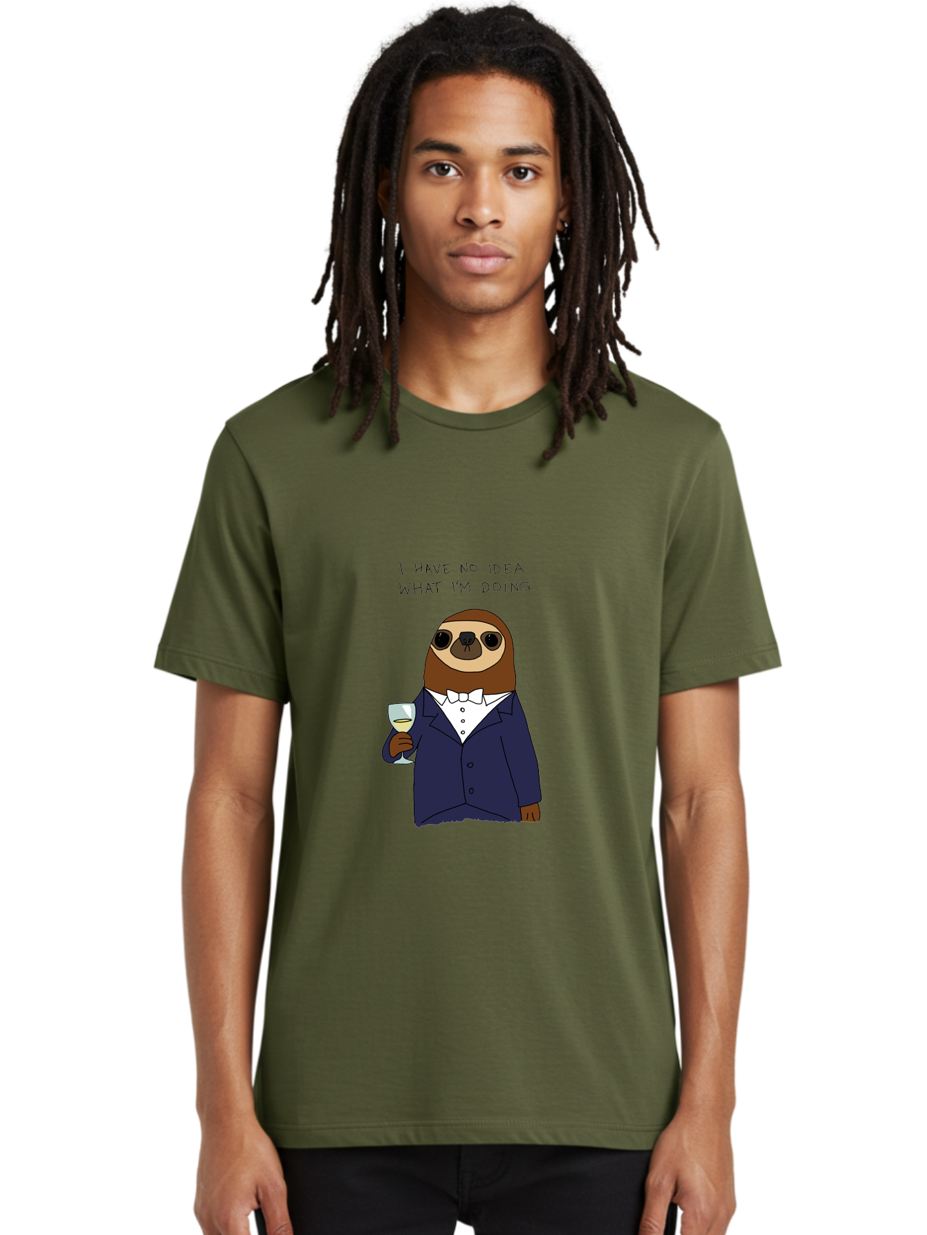 sloth in tuxedo, holding wine glass, humor, funny animal, cartoon character, adult beverage, humorous quote, relatable meme, wine drinker, comical illustration, sophisticated sloth