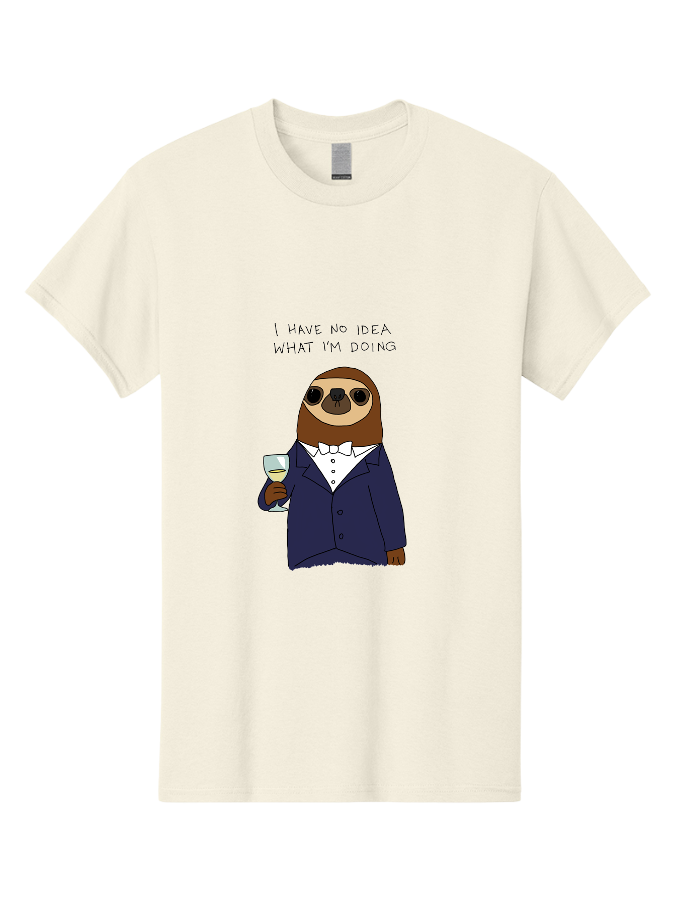 sloth in tuxedo, holding wine glass, humor, funny animal, cartoon character, adult beverage, humorous quote, relatable meme, wine drinker, comical illustration, sophisticated sloth