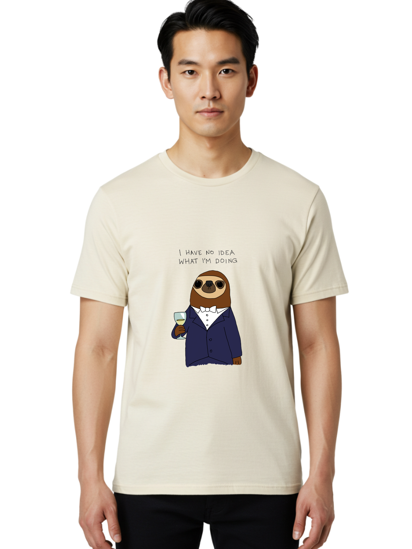 sloth in tuxedo, holding wine glass, humor, funny animal, cartoon character, adult beverage, humorous quote, relatable meme, wine drinker, comical illustration, sophisticated sloth