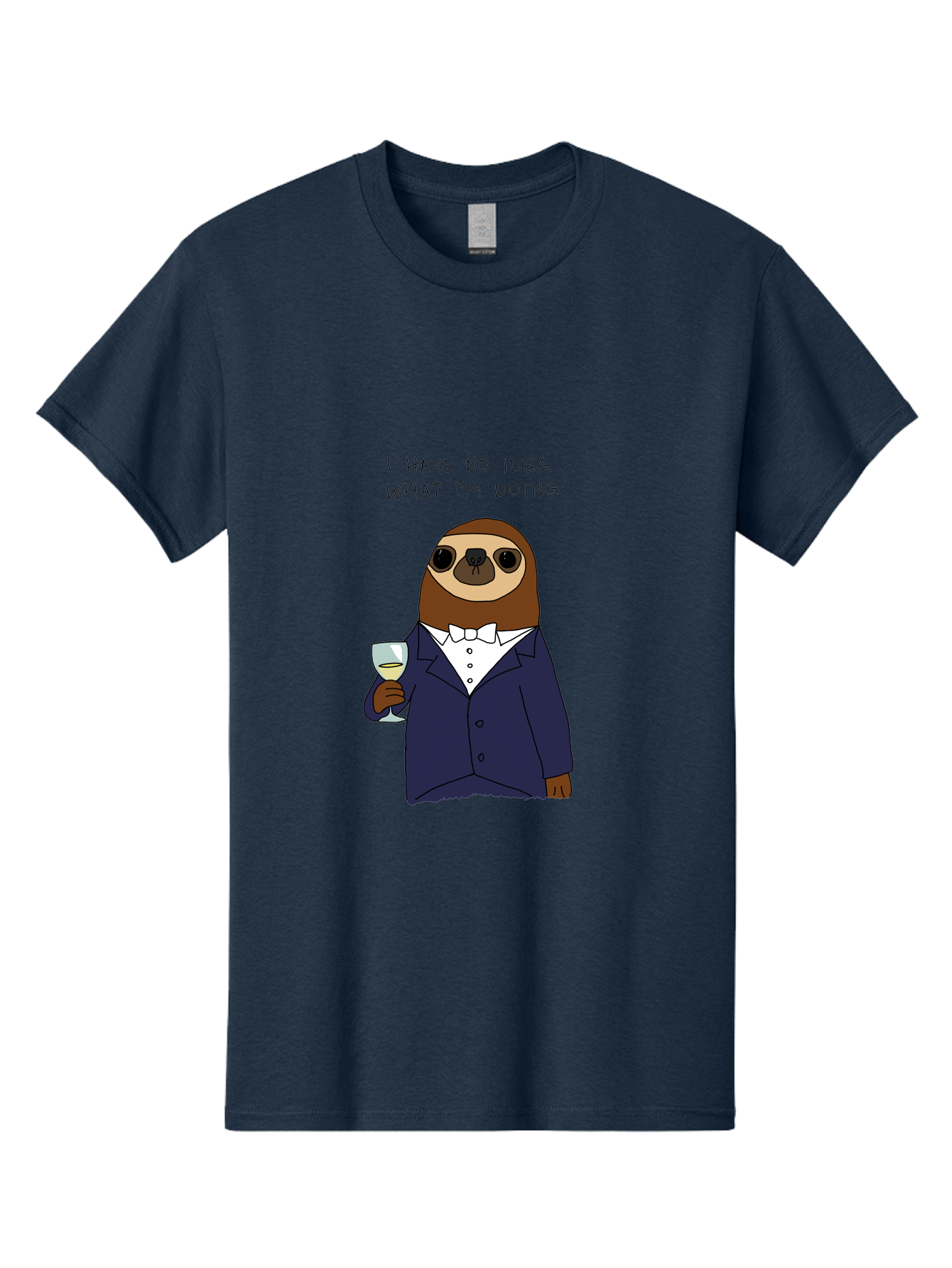 sloth in tuxedo, holding wine glass, humor, funny animal, cartoon character, adult beverage, humorous quote, relatable meme, wine drinker, comical illustration, sophisticated sloth