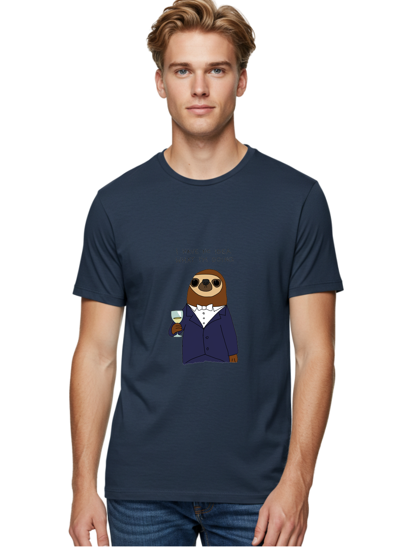 sloth in tuxedo, holding wine glass, humor, funny animal, cartoon character, adult beverage, humorous quote, relatable meme, wine drinker, comical illustration, sophisticated sloth