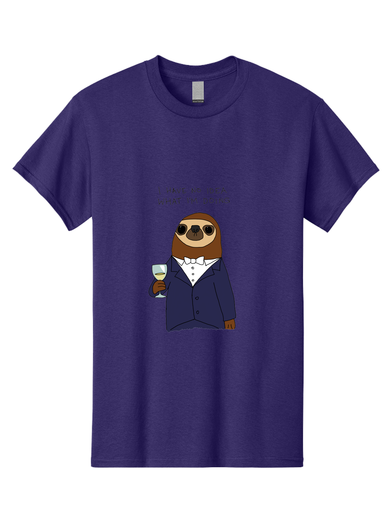sloth in tuxedo, holding wine glass, humor, funny animal, cartoon character, adult beverage, humorous quote, relatable meme, wine drinker, comical illustration, sophisticated sloth