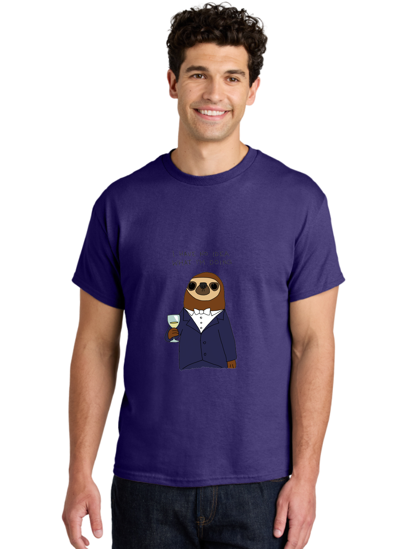 sloth in tuxedo, holding wine glass, humor, funny animal, cartoon character, adult beverage, humorous quote, relatable meme, wine drinker, comical illustration, sophisticated sloth