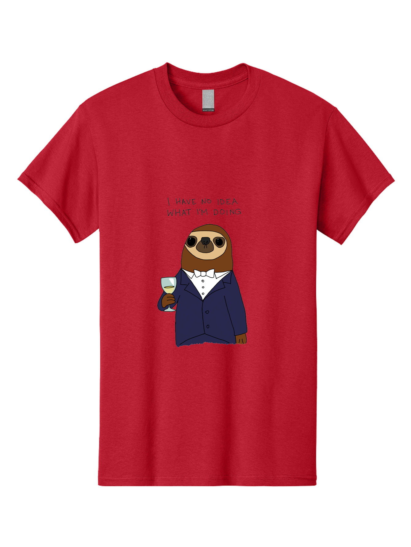 sloth in tuxedo, holding wine glass, humor, funny animal, cartoon character, adult beverage, humorous quote, relatable meme, wine drinker, comical illustration, sophisticated sloth