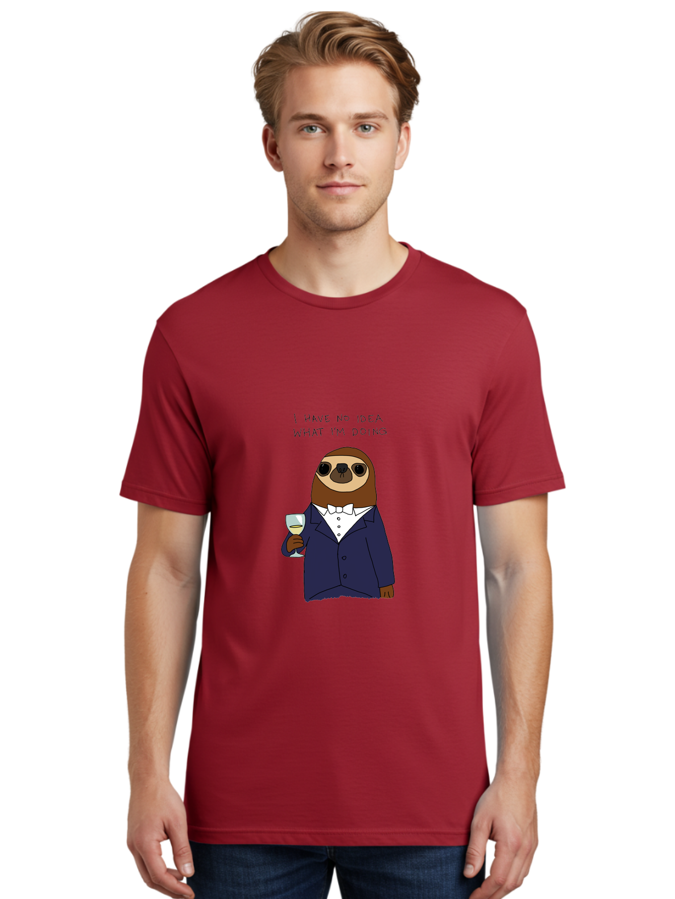 sloth in tuxedo, holding wine glass, humor, funny animal, cartoon character, adult beverage, humorous quote, relatable meme, wine drinker, comical illustration, sophisticated sloth