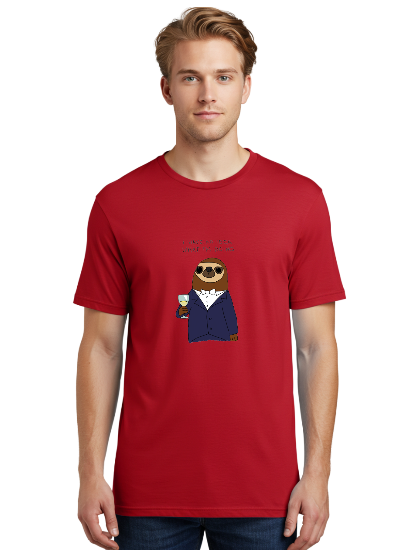 I-Have-No-Idea-What-I-M-Doing Men'S Graphic Tee, 100% Cotton, Comfortable Casual Summer Wear, Machine Washable, Sloth In Tuxedo, Holding Wine Glass, Humor, Funny Animal, Cartoon Character, Adult Beverage, Humorous Quote, Relatable Meme, -  Aaa063
