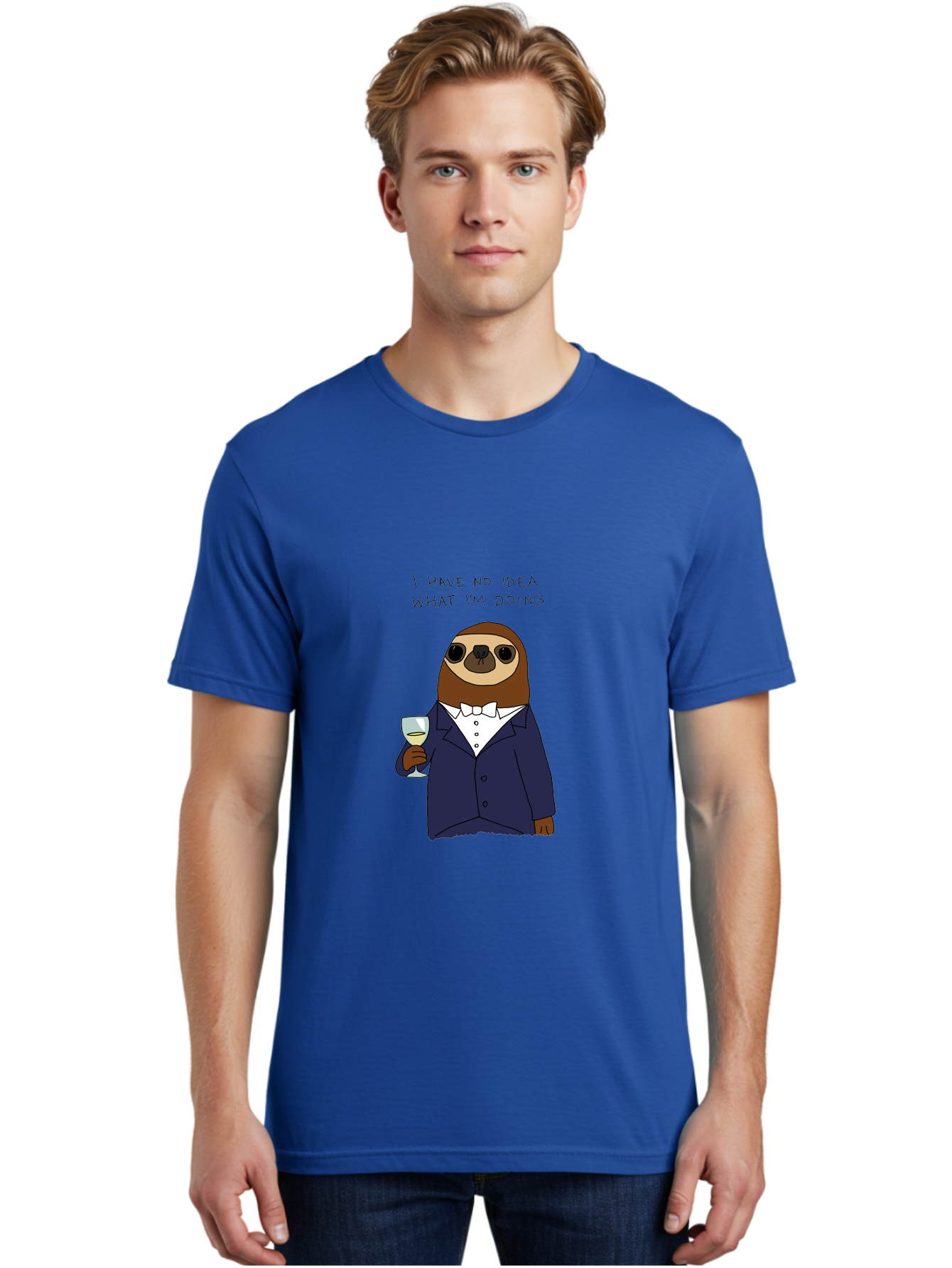 sloth in tuxedo, holding wine glass, humor, funny animal, cartoon character, adult beverage, humorous quote, relatable meme, wine drinker, comical illustration, sophisticated sloth