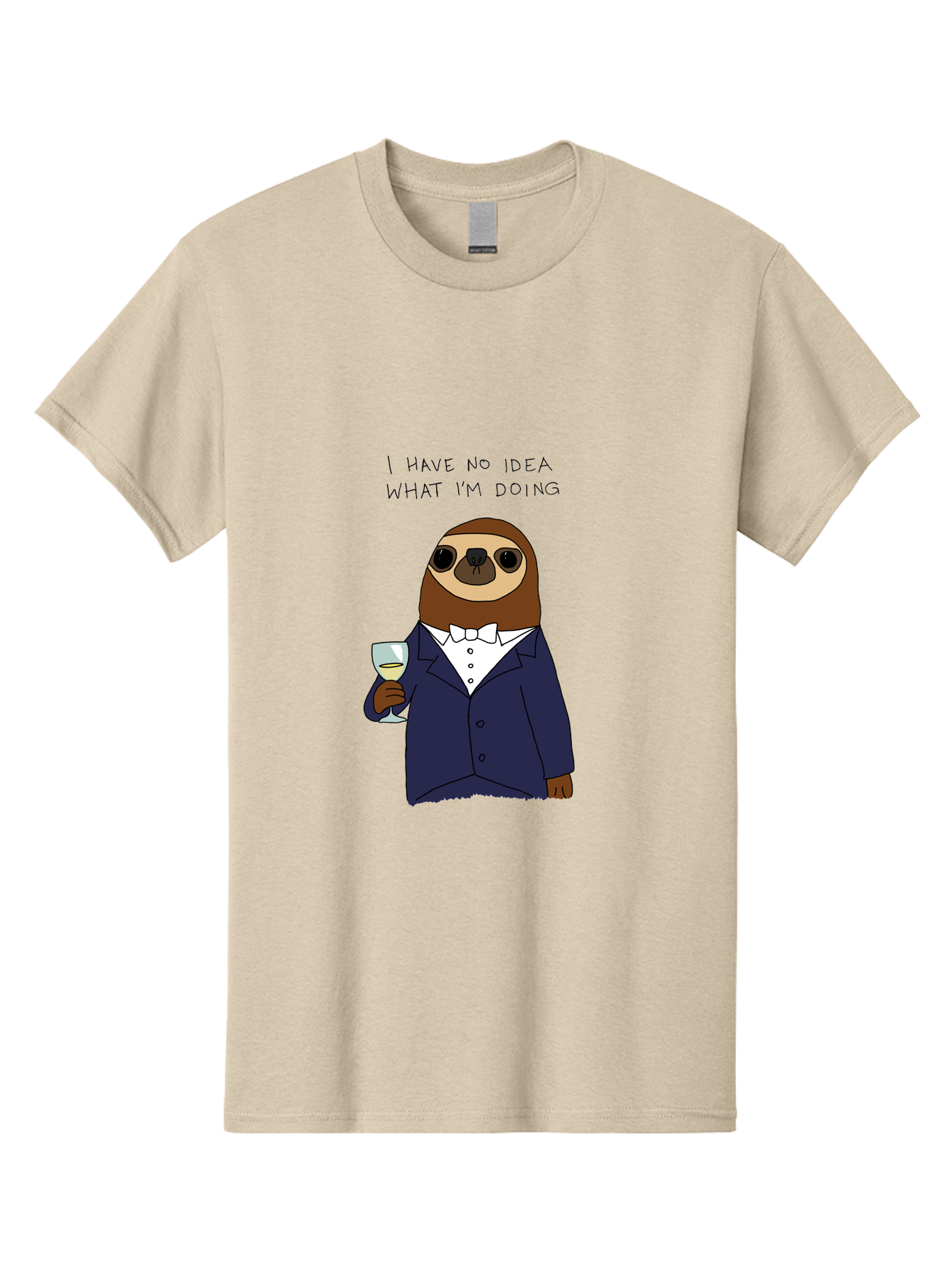 I-Have-No-Idea-What-I-M-Doing Men'S Graphic Tee, 100% Cotton, Comfortable Casual Summer Wear, Machine Washable, Sloth In Tuxedo, Holding Wine Glass, Humor, Funny Animal, Cartoon Character, Adult Beverage, Humorous Quote, Relatable Meme, -  Aaa063