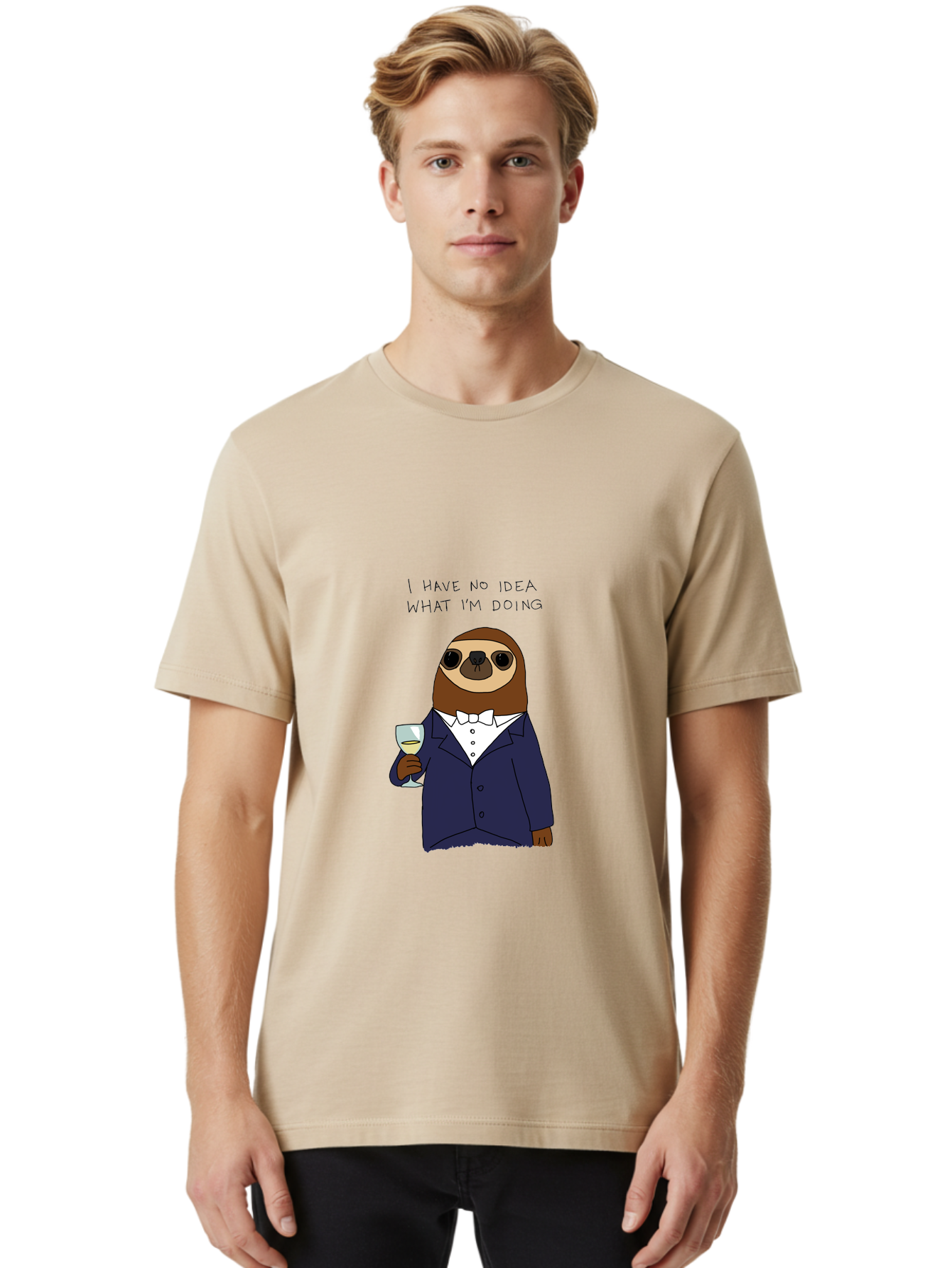 sloth in tuxedo, holding wine glass, humor, funny animal, cartoon character, adult beverage, humorous quote, relatable meme, wine drinker, comical illustration, sophisticated sloth