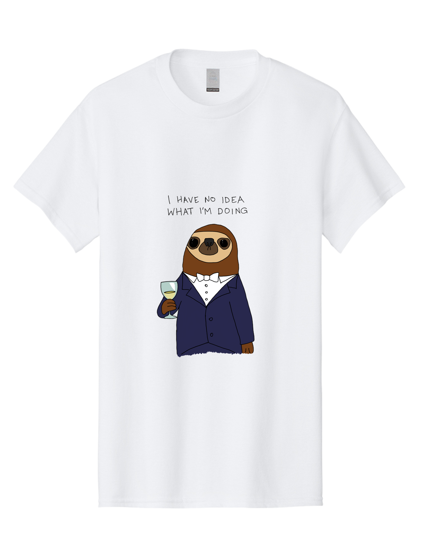 sloth in tuxedo, holding wine glass, humor, funny animal, cartoon character, adult beverage, humorous quote, relatable meme, wine drinker, comical illustration, sophisticated sloth