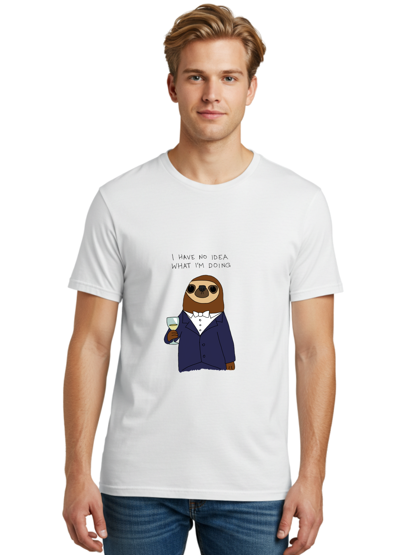 sloth in tuxedo, holding wine glass, humor, funny animal, cartoon character, adult beverage, humorous quote, relatable meme, wine drinker, comical illustration, sophisticated sloth