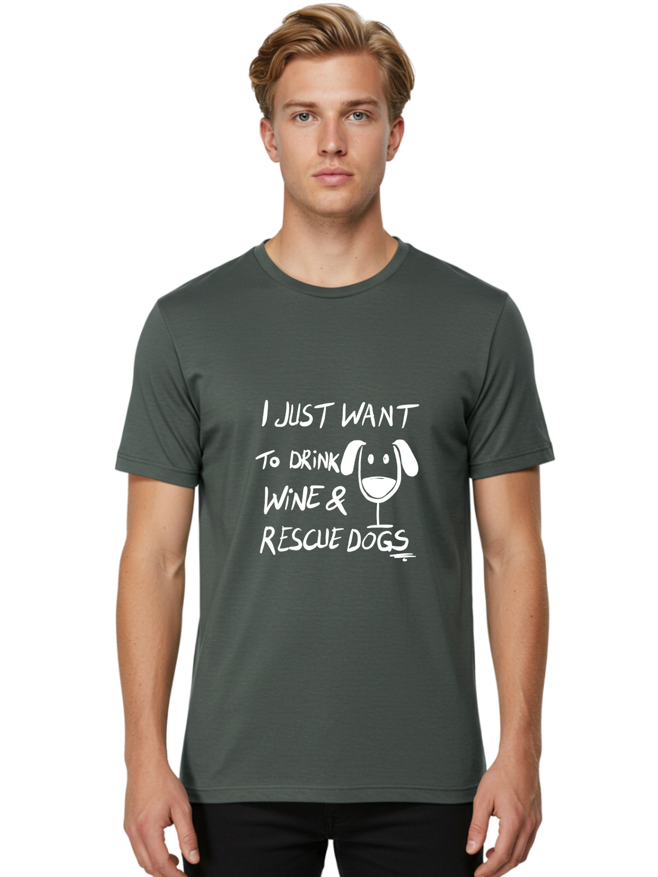 I-Just-Want-To-Drink-Wine-Rescue-Dogs Men'S Graphic Tee, 100% Cotton, Comfortable Casual Summer Wear, Machine Washable, Wine Glass Dog, Drink Wine, Rescue Dogs, Dog Lover, Wine Lover, Pet Rescue, Animal Shelter, Charity Support, Funny Quote -  Aaa065