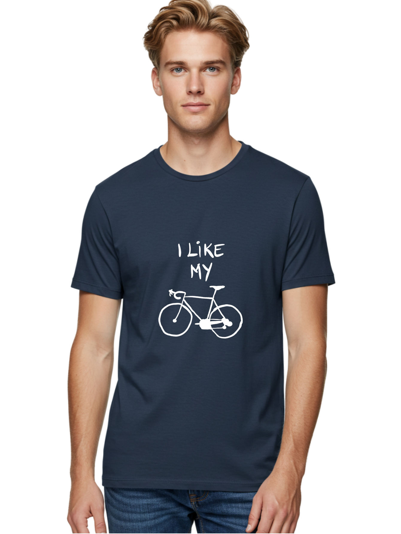 I-Like-My-Bicycle Men'S Graphic Tee, 100% Cotton, Comfortable Casual Summer Wear, Machine Washable, Cycling Culture, Bike Enthusiasts, Love For Cycling, Bicycle Appreciation, Fun Graphic, Simple Design, White Bicycle -  Aaa067