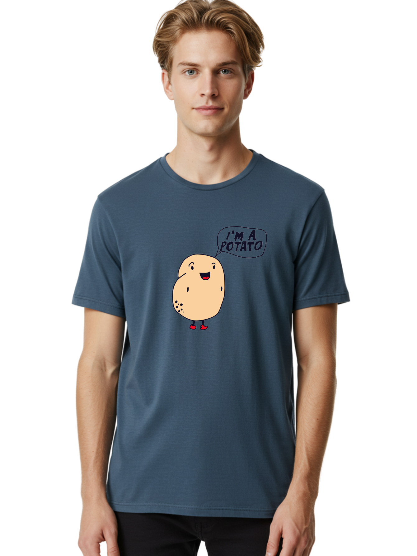 I-M-A-Potato Men'S Graphic Tee, 100% Cotton, Comfortable Casual Summer Wear, Machine Washable, I'M A Potato, Cartoon Potato, Smiling Potato, Speech Bubble, Humorous Character, Cute Illustration, Funny Graphic, Playful Design, -  Aaa070