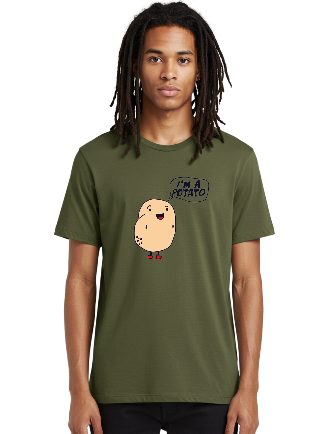 I-M-A-Potato Men'S Graphic Tee, 100% Cotton, Comfortable Casual Summer Wear, Machine Washable, I'M A Potato, Cartoon Potato, Smiling Potato, Speech Bubble, Humorous Character, Cute Illustration, Funny Graphic, Playful Design, -  Aaa070