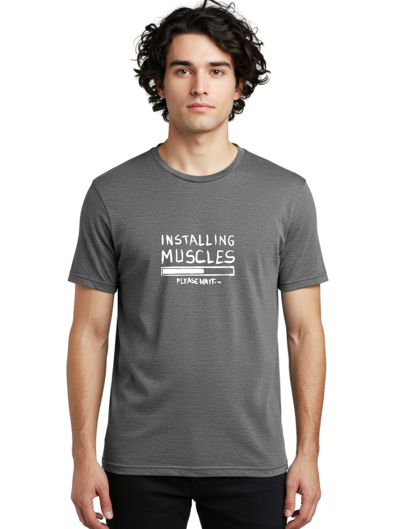 Installing-Muscles Men'S Graphic Tee, 100% Cotton, Comfortable Casual Summer Wear, Machine Washable, Installing Muscles, Gym Humor, Fitness Motivation, Progress Bar, Workout Joke, Please Wait, Fitness Quote -  Aaa081