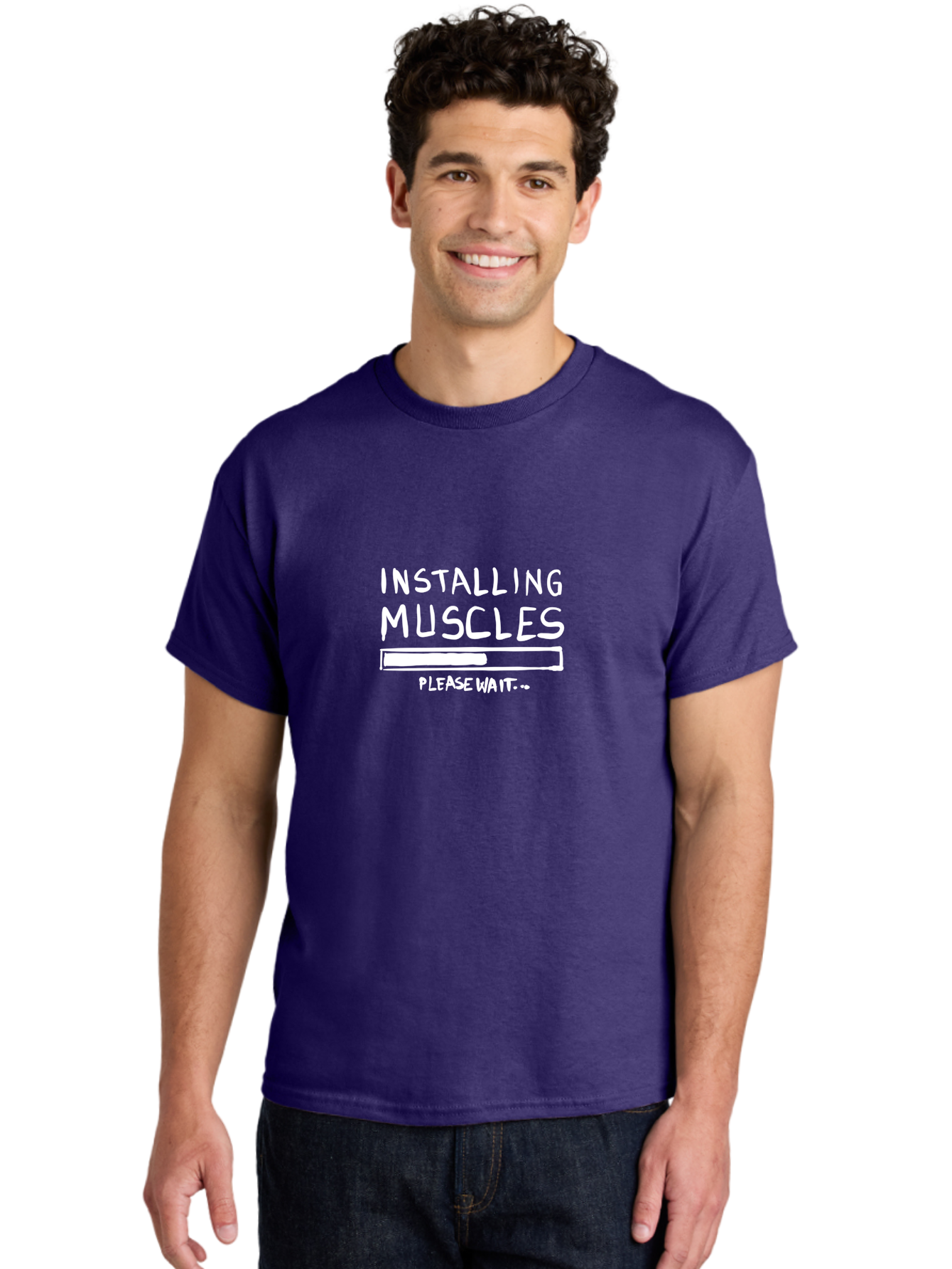 Installing-Muscles Men'S Graphic Tee, 100% Cotton, Comfortable Casual Summer Wear, Machine Washable, Installing Muscles, Gym Humor, Fitness Motivation, Progress Bar, Workout Joke, Please Wait, Fitness Quote -  Aaa081