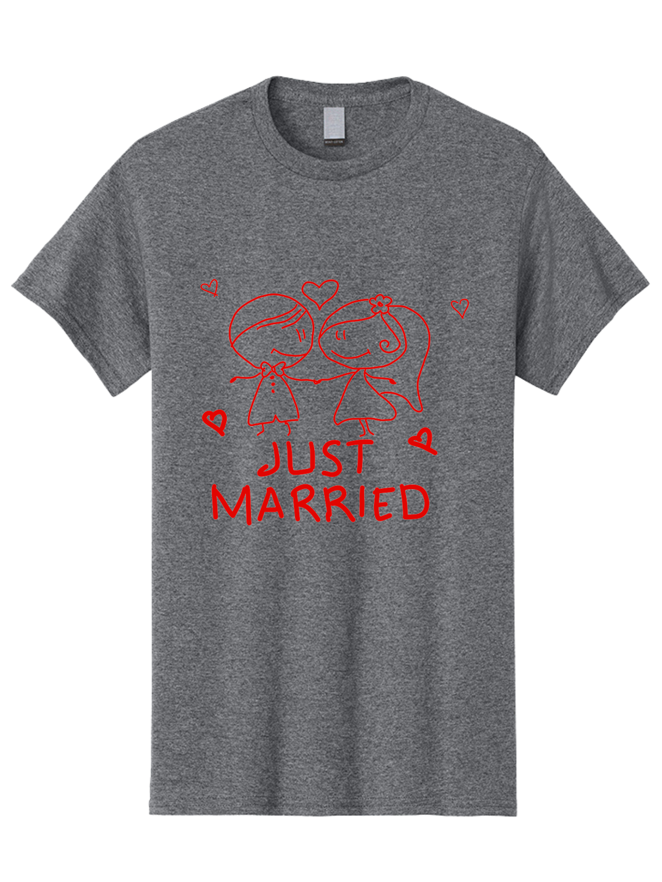 Just-Married Men'S Graphic Tee, 100% Cotton, Comfortable Casual Summer Wear, Machine Washable, Newlywed Couple, Cartoon Bride And Groom, Love Hearts, Red Text, Hand Drawn Illustration, Wedding Celebration, Sweethearts Together, Romantic Art -  Aaa084