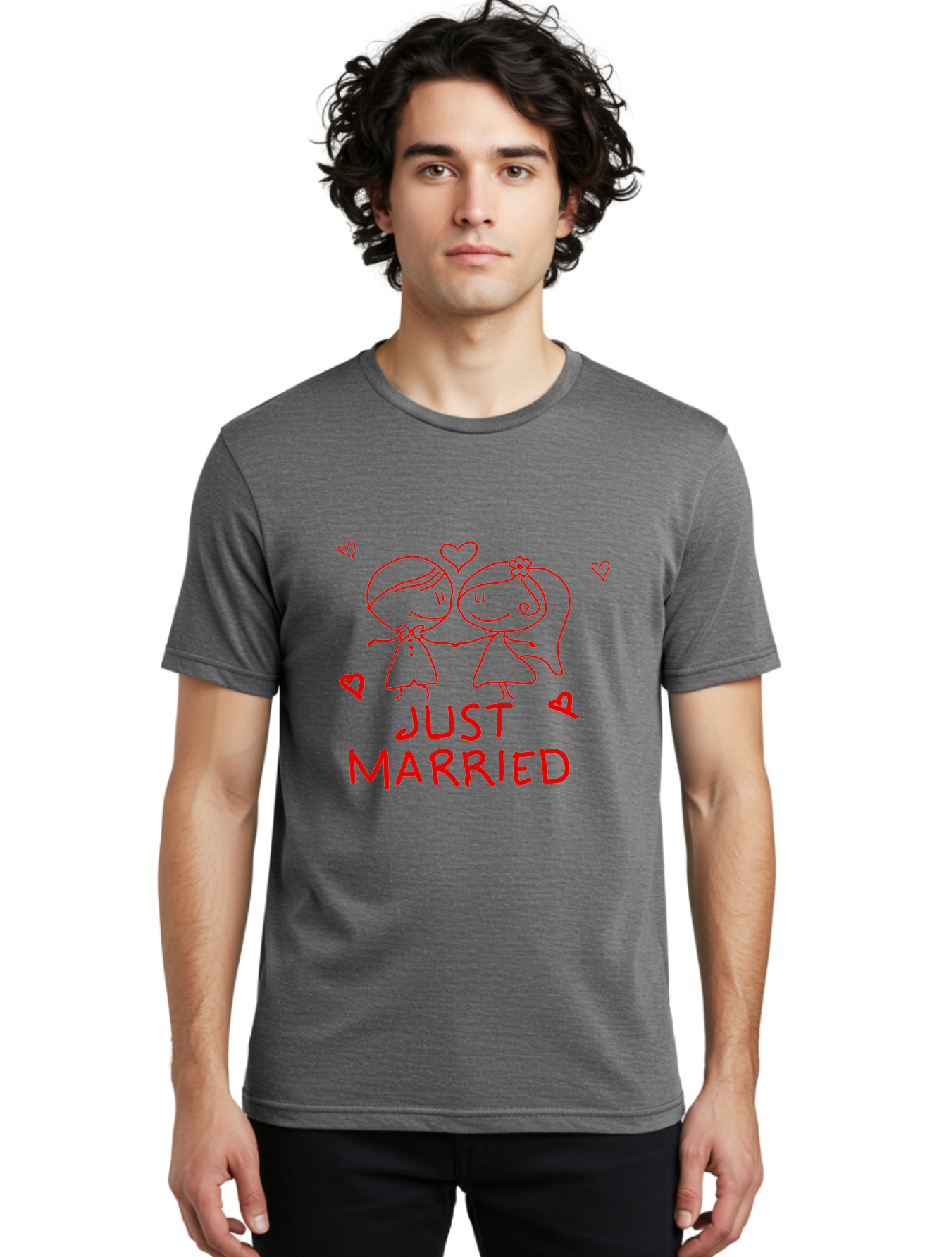 Just-Married Men'S Graphic Tee, 100% Cotton, Comfortable Casual Summer Wear, Machine Washable, Newlywed Couple, Cartoon Bride And Groom, Love Hearts, Red Text, Hand Drawn Illustration, Wedding Celebration, Sweethearts Together, Romantic Art -  Aaa084