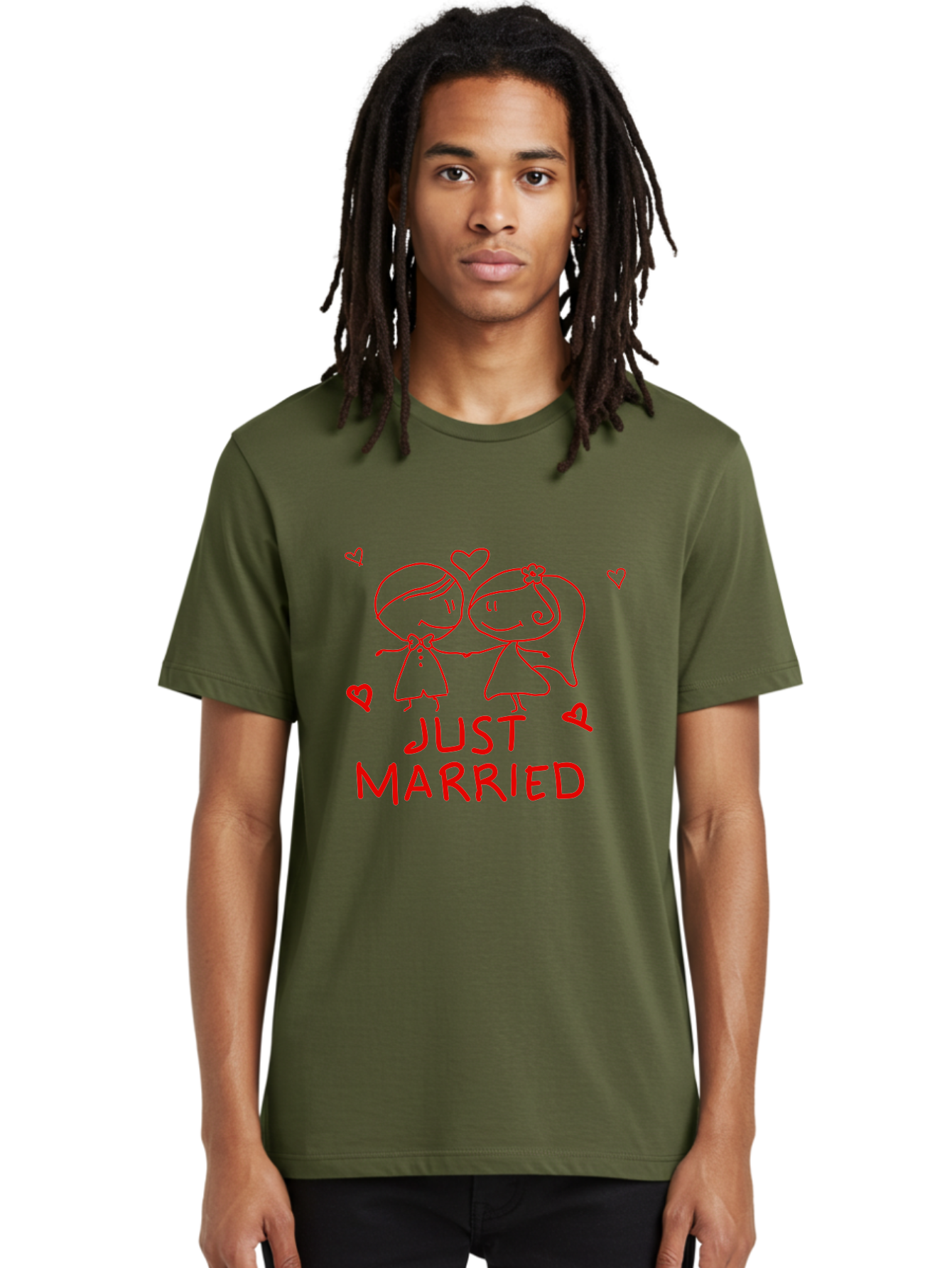 Just-Married Men'S Graphic Tee, 100% Cotton, Comfortable Casual Summer Wear, Machine Washable, Newlywed Couple, Cartoon Bride And Groom, Love Hearts, Red Text, Hand Drawn Illustration, Wedding Celebration, Sweethearts Together, Romantic Art -  Aaa084