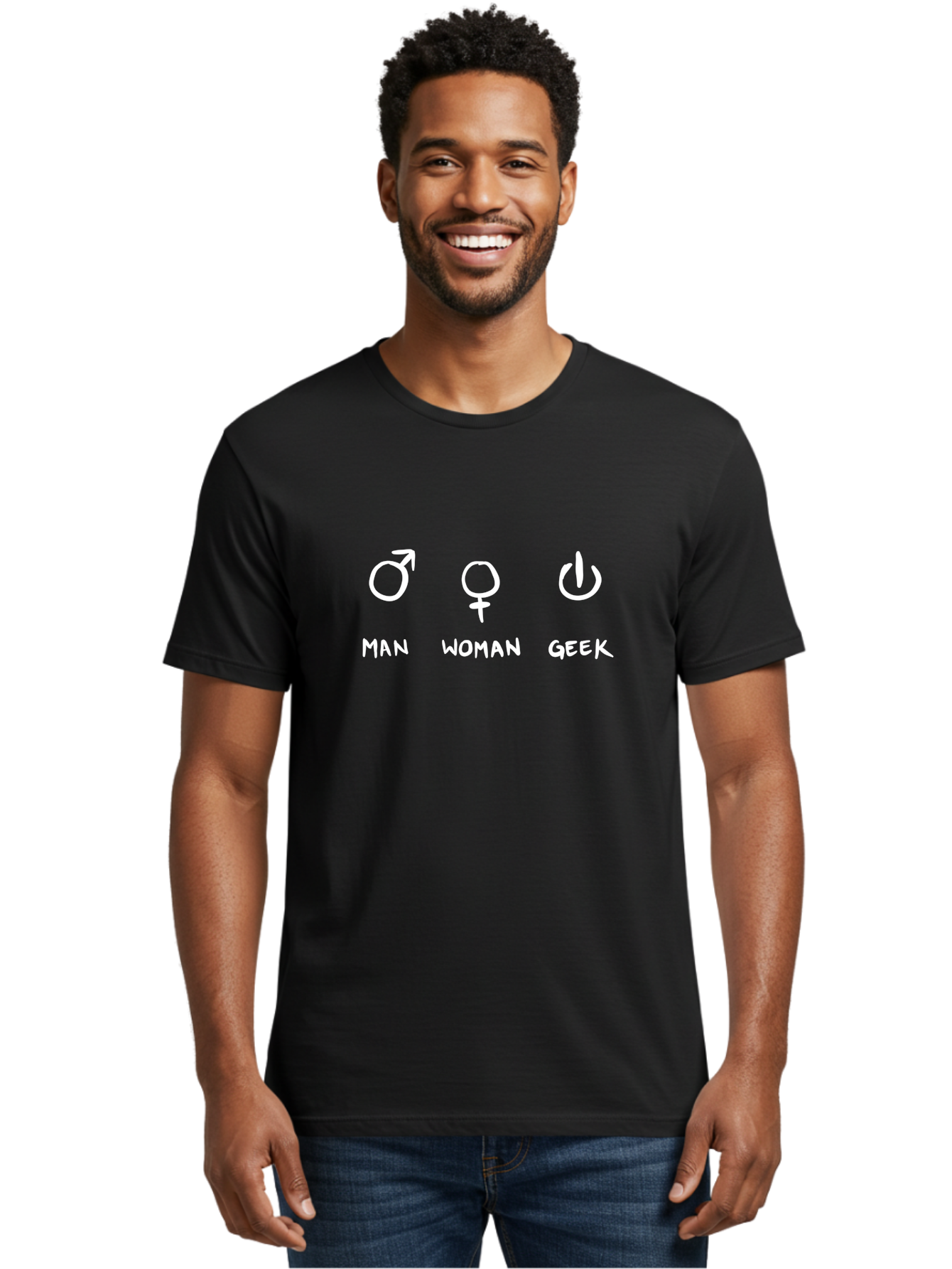 Man-Woman-Geek Men'S Graphic Tee, 100% Cotton, Comfortable Casual Summer Wear, Machine Washable, Gender Symbols, Male And Female Icons, Geek Culture, Tech Symbols, Power Button, Simple Graphics, Minimalist Design, Symbolic Representation, -  Aaa092