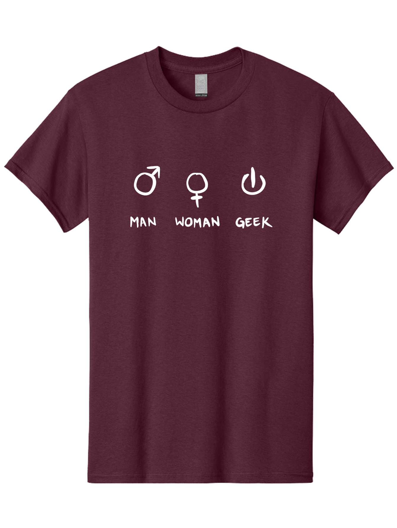 Man-Woman-Geek Men'S Graphic Tee, 100% Cotton, Comfortable Casual Summer Wear, Machine Washable, Gender Symbols, Male And Female Icons, Geek Culture, Tech Symbols, Power Button, Simple Graphics, Minimalist Design, Symbolic Representation, -  Aaa092
