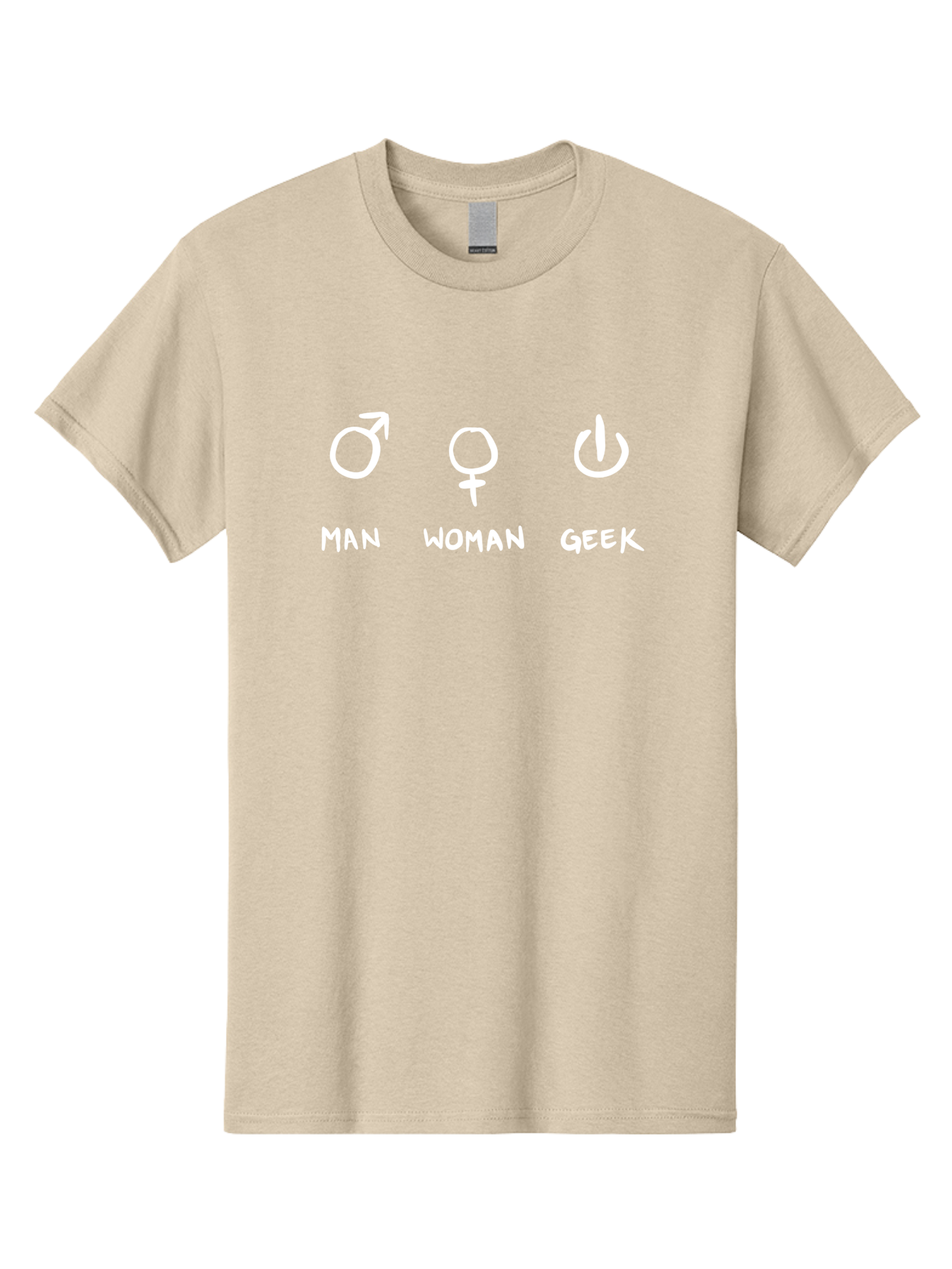 Man-Woman-Geek Men'S Graphic Tee, 100% Cotton, Comfortable Casual Summer Wear, Machine Washable, Gender Symbols, Male And Female Icons, Geek Culture, Tech Symbols, Power Button, Simple Graphics, Minimalist Design, Symbolic Representation, -  Aaa092
