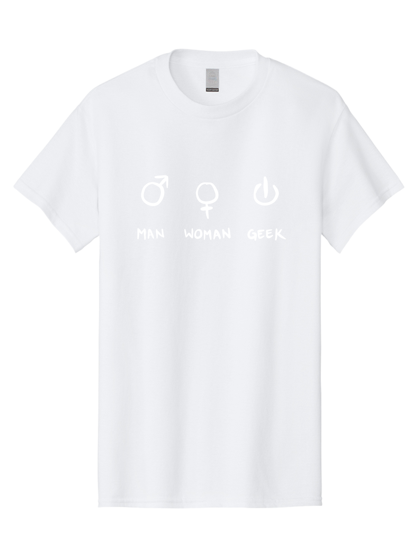 Man-Woman-Geek Men'S Graphic Tee, 100% Cotton, Comfortable Casual Summer Wear, Machine Washable, Gender Symbols, Male And Female Icons, Geek Culture, Tech Symbols, Power Button, Simple Graphics, Minimalist Design, Symbolic Representation, -  Aaa092