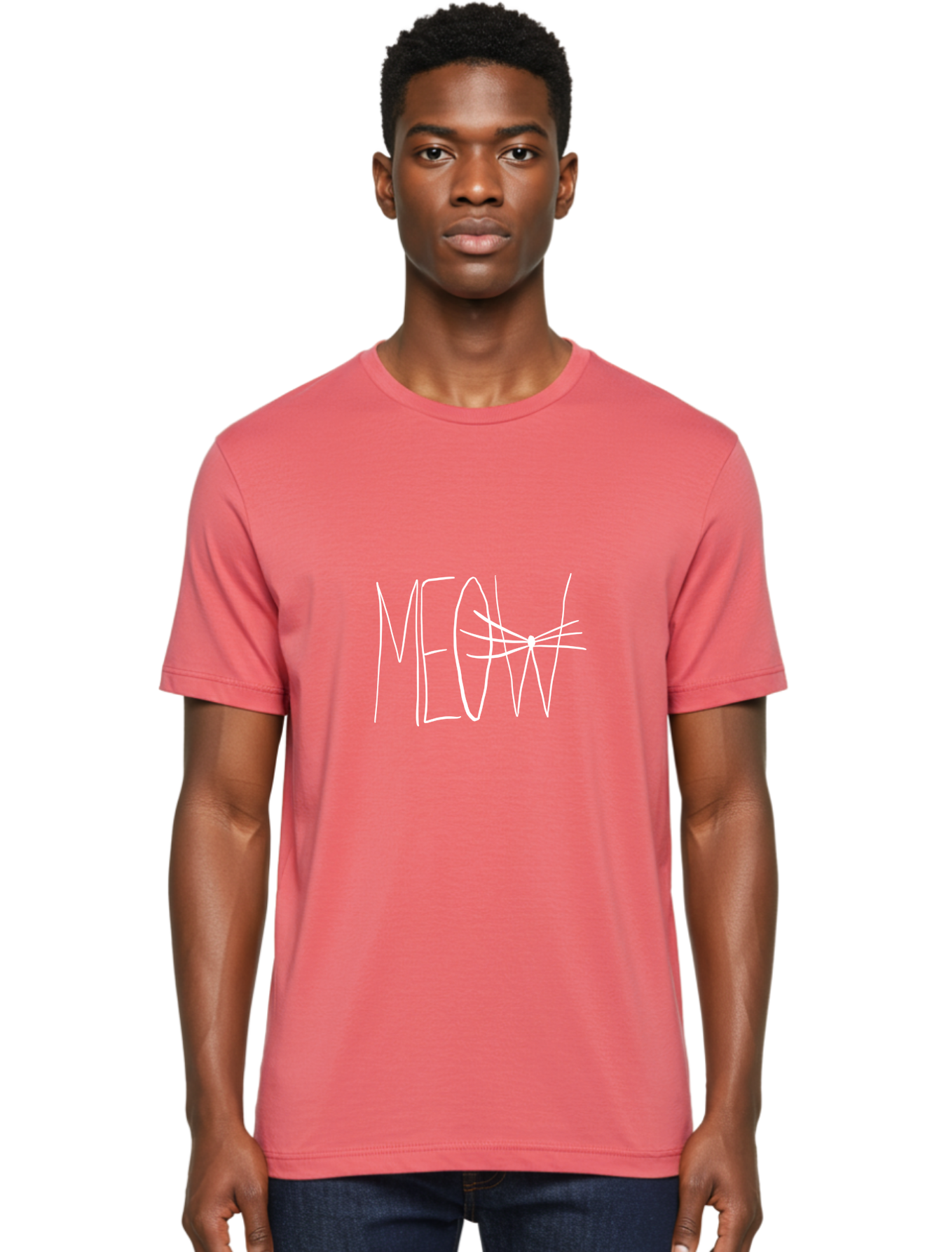 Meow Men'S Graphic Tee, 100% Cotton, Comfortable Casual Summer Wear, Machine Washable, Handwritten Cat Sound, Whimsical Font, Feline Theme, Meow Text, Playful Design, Cat Lovers, Cute Typography, White On Green -  Aaa095