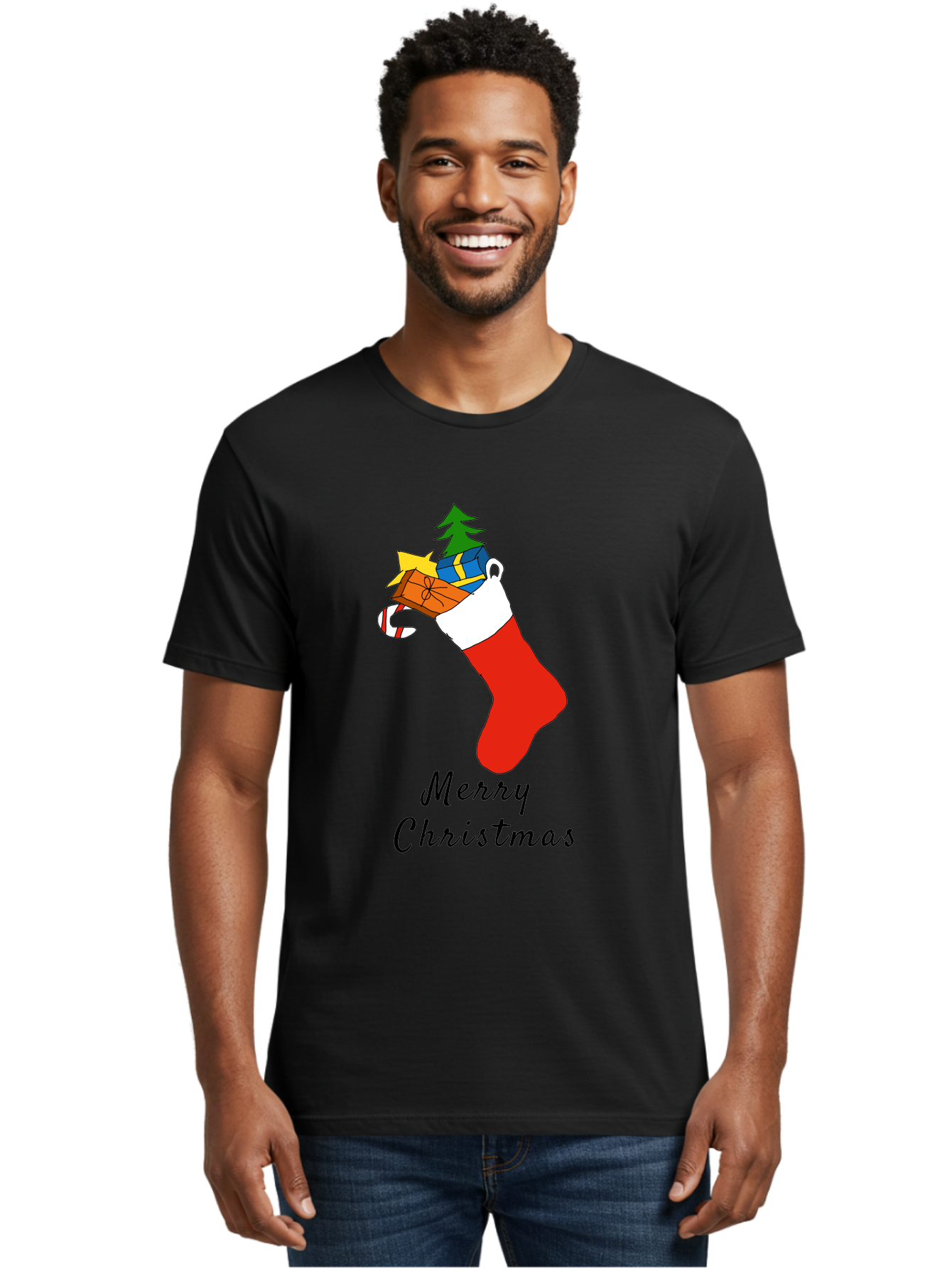 Merry-Christmas-1 Men'S Graphic Tee, 100% Cotton, Comfortable Casual Summer Wear, Machine Washable, Christmas Stocking, Holiday Gifts, Festive Decorations, Christmas Tree, Wrapped Presents, Candy Cane, Merry Christmas Greeting, -  Aaa096